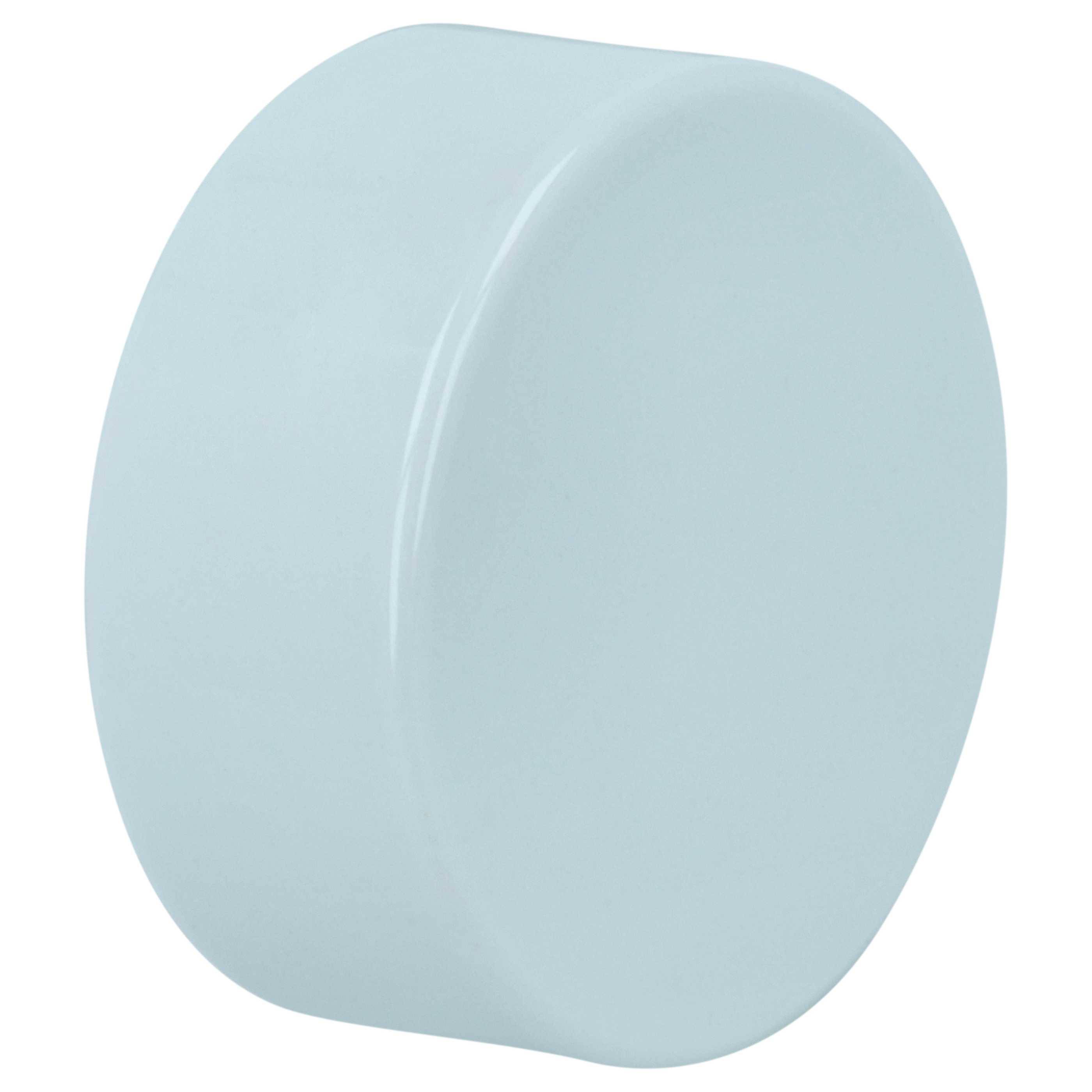 Runde, blasse blaue Deckel oder Kappe, von einem Winkel aus betrachtet, wahrscheinlich zum Abdecken eines Behälters wie eines Glases oder einer Flasche verwendet.