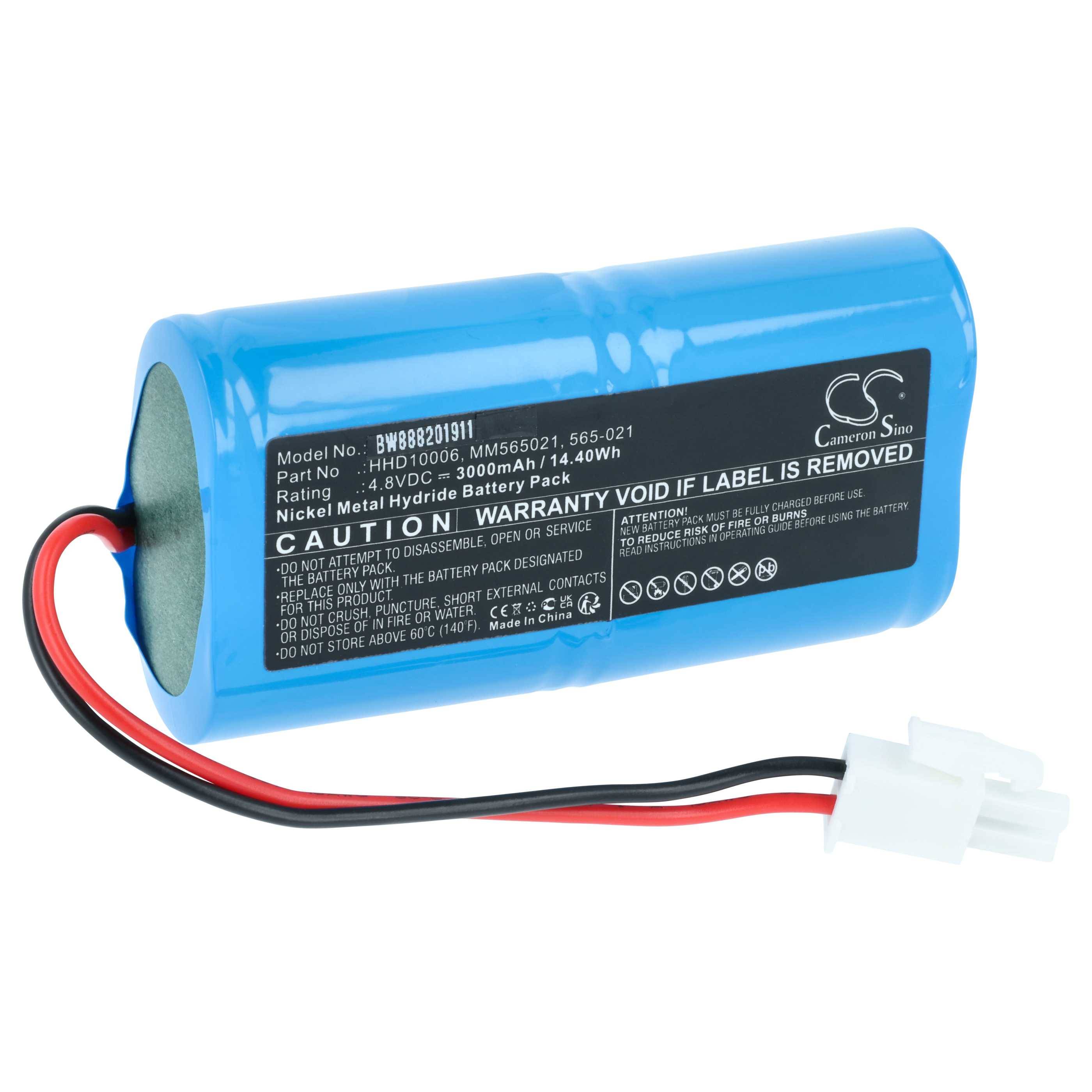 Blauer zylindrischer wiederaufladbarer Batterieblock mit roten und schwarzen Drähten, die in einen weißen Stecker enden, gekennzeichnet als Nickel-Metallhydrid 7,2V 3000mAh