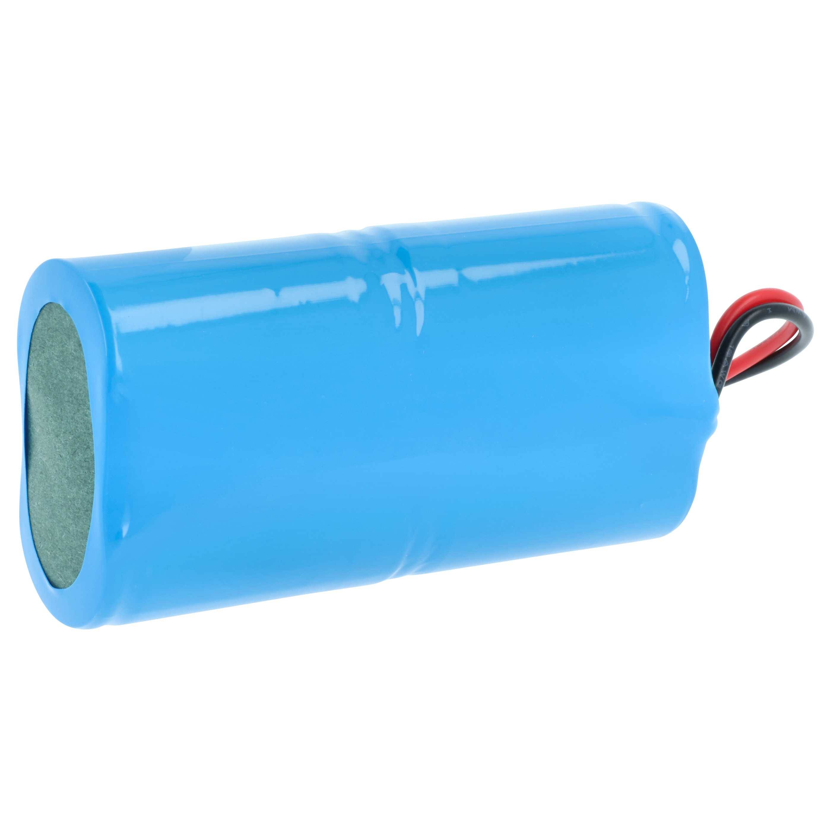 Blaues zylindrisches wiederaufladbares Batteriepaket mit roten und schwarzen Drähten, die von einem Ende herausragen.