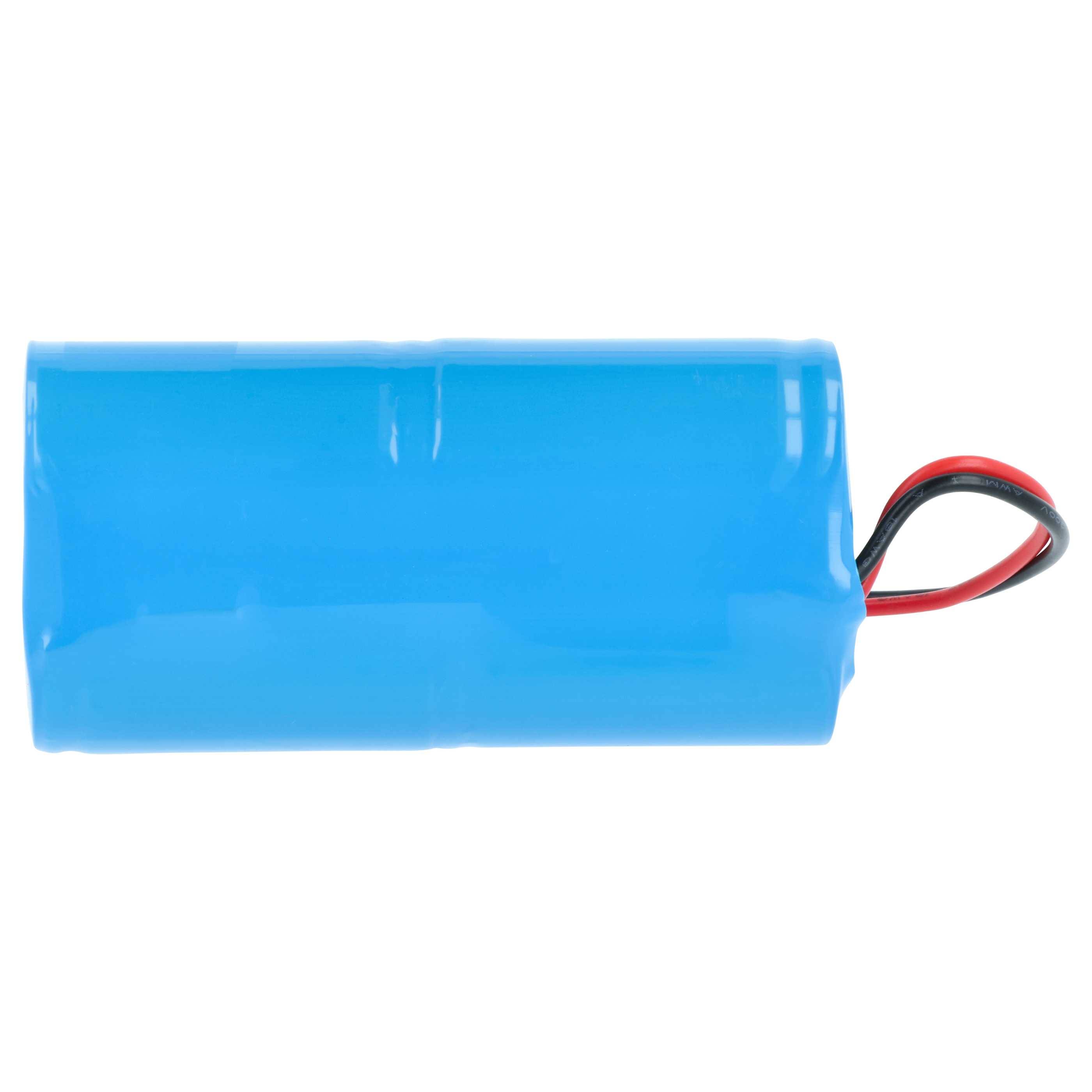 Blaues zylindrisches Batteriepaket mit roten und schwarzen Drähten, die sich von einem Ende erstrecken.