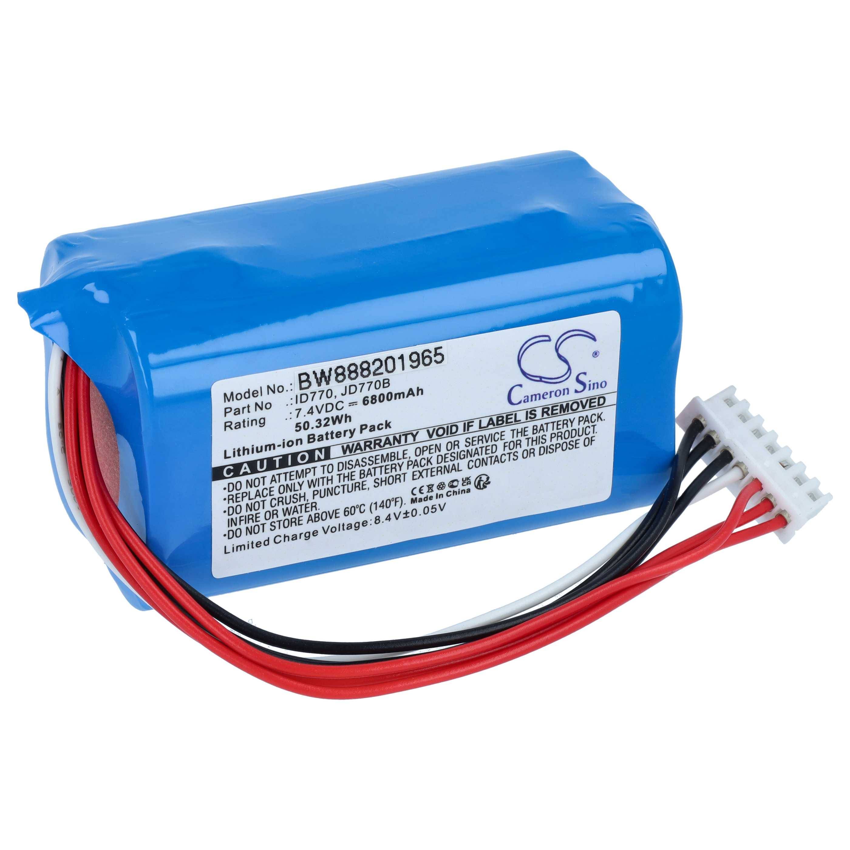 Blauer Lithium-Ionen-Akku mit roten, schwarzen und weißen Drähten und Stecker, gekennzeichnet mit Cameron Sino, auf weißem Hintergrund dargestellt.