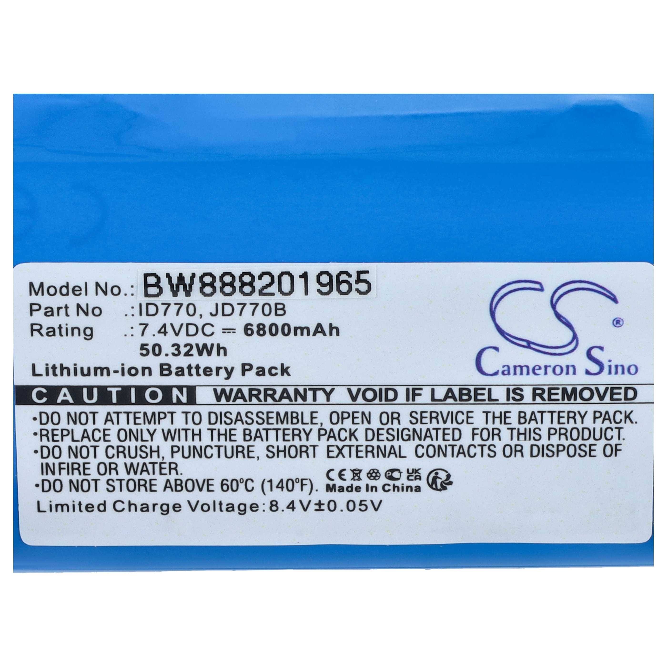 Blue Cameron Sino Lithium-Ionen-Akku-Etikett für Modell BW888201965, Nennleistung 7,4V 6800mAh 50,32Wh, mit Sicherheitswarnungen und „Made in China
