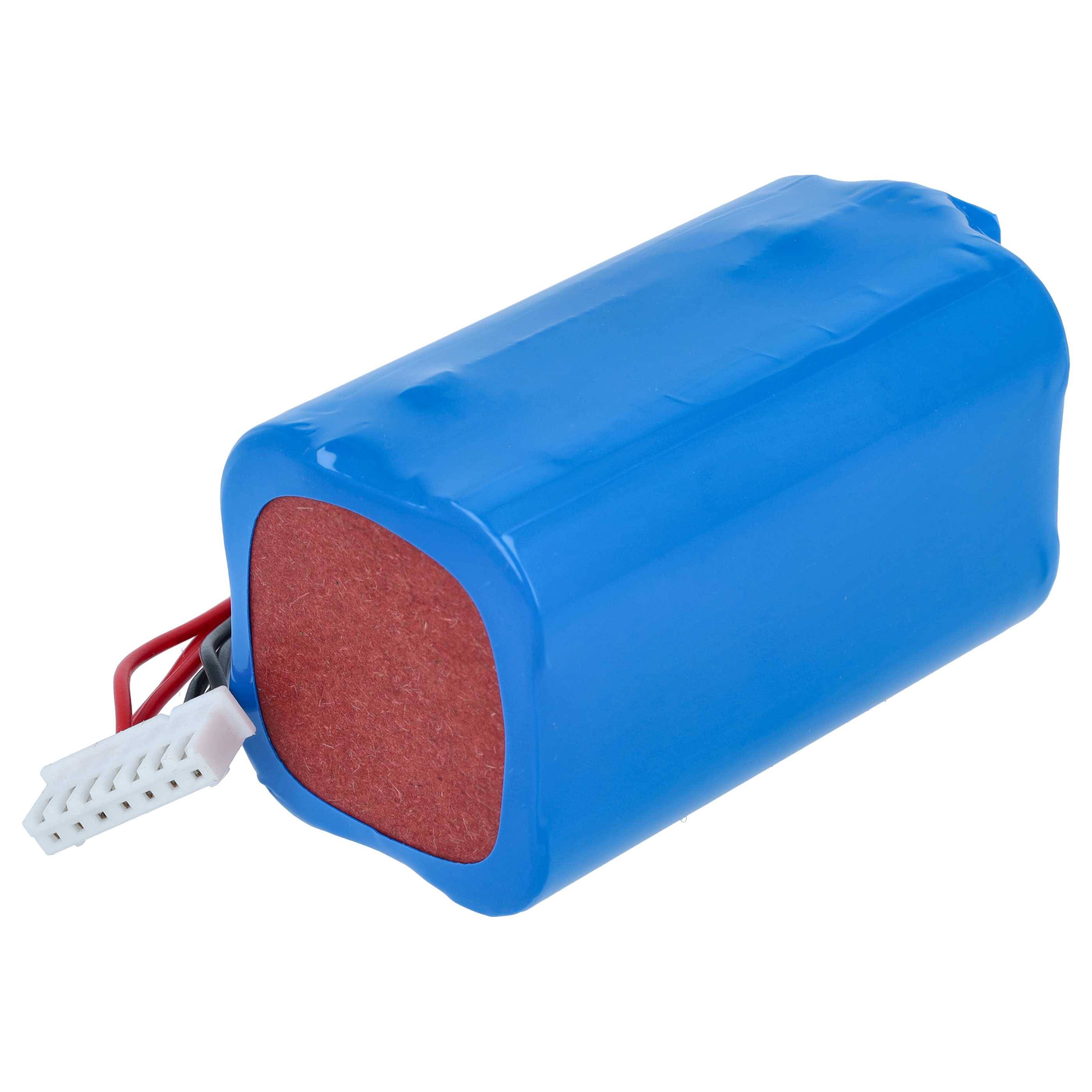 Blaues, in Schrumpffolie verpacktes wiederaufladbares Batteriepaket mit angebrachten roten und schwarzen Drähten und weißem Stecker.