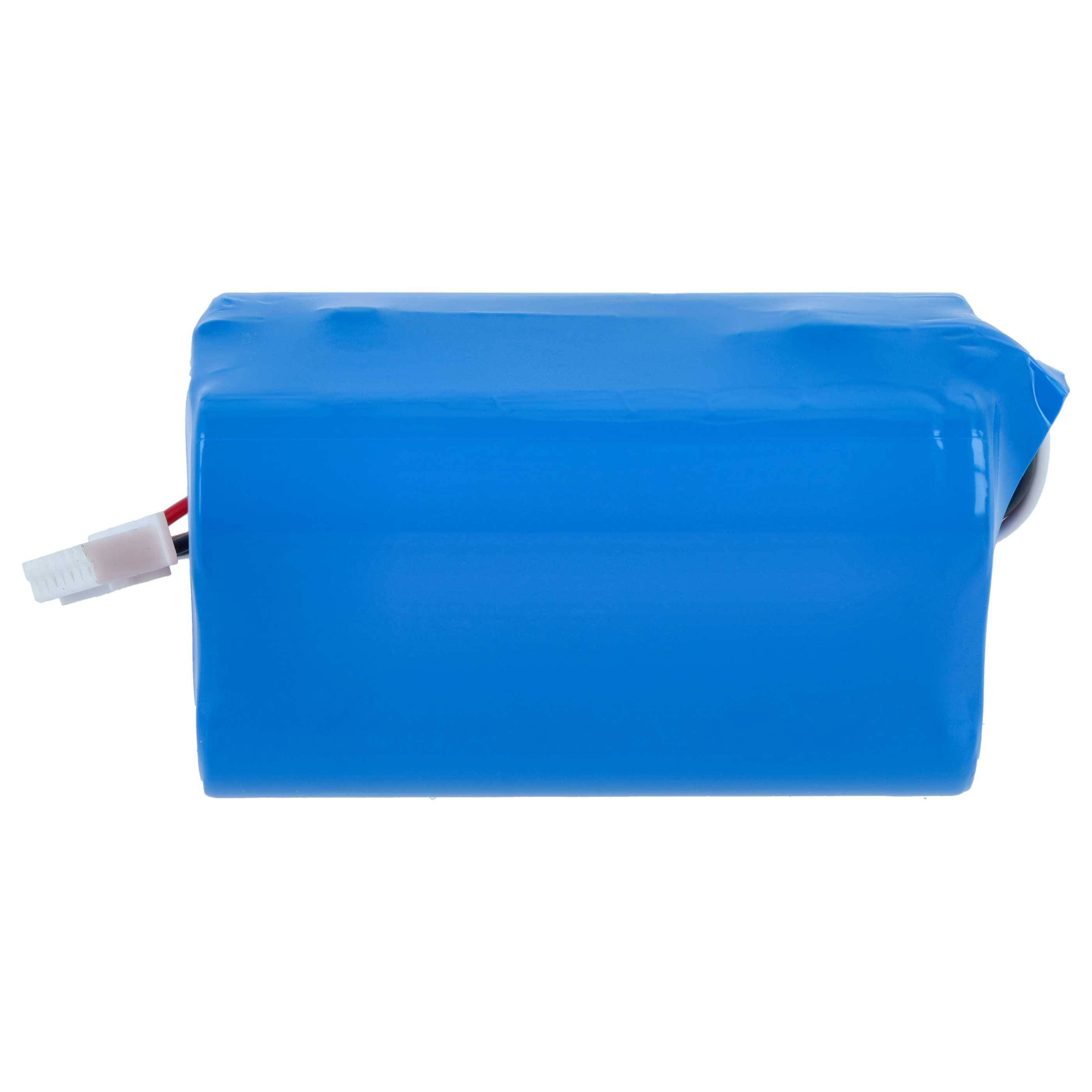 Blauer zylindrischer Batteriepack mit angebrachtem weißem Stecker und roten/schwarzen Drähten auf weißem Hintergrund