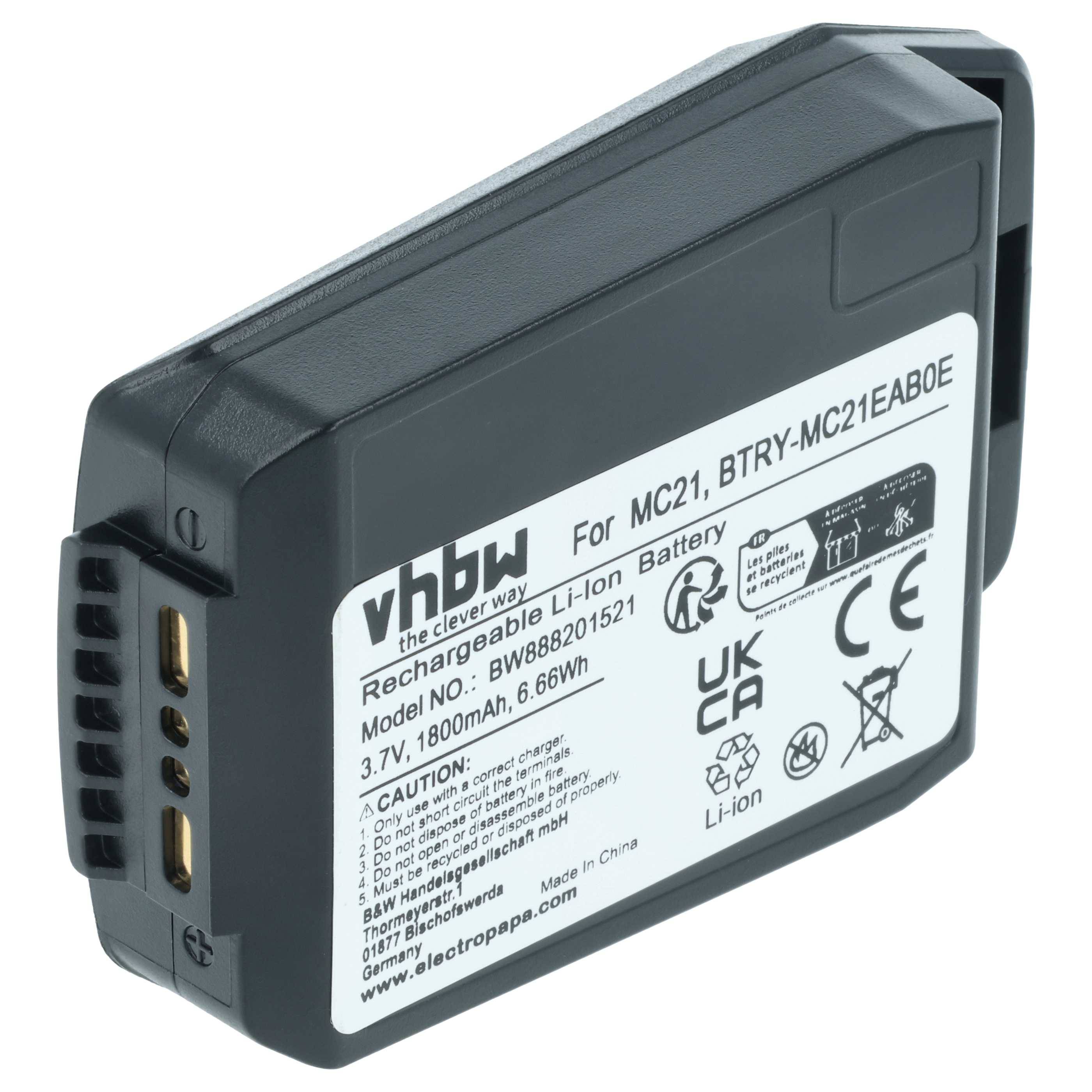 Schwarzer wiederaufladbarer Li-Ion-Akku mit Produktetikett, das Spezifikationen anzeigt: 3,7V, 1800mAh, 6,66Wh, für MC21, BTRY-MC21EAB0E.