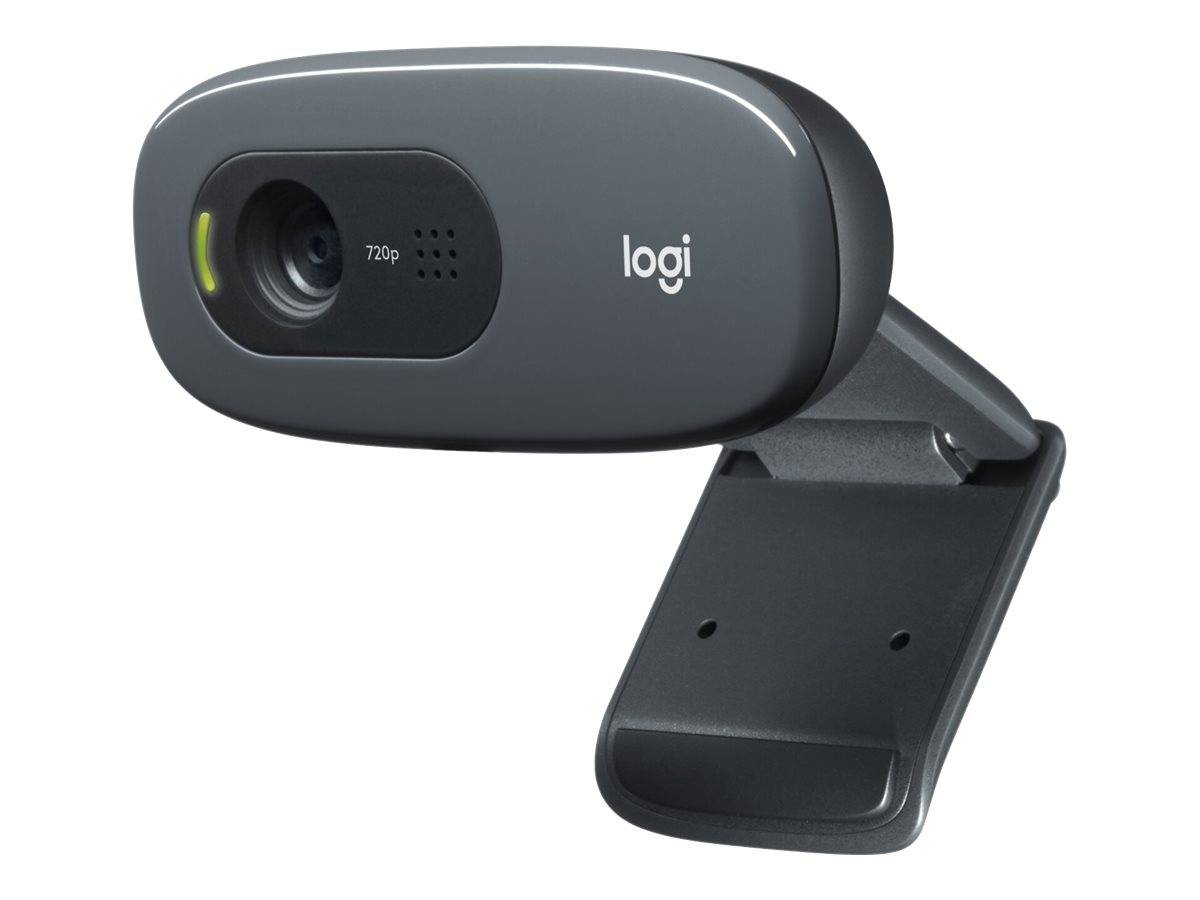 Eine schwarze Logitech-Webcam mit einer Objektivbeschriftung, die '720p' anzeigt, montiert auf einer grauen Klemme zum Anbringen an Monitore.
