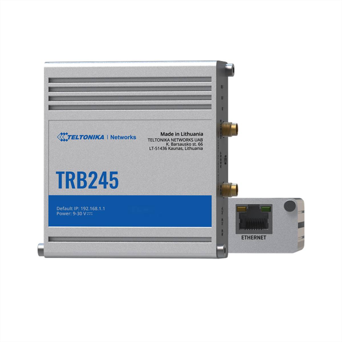 Ein kompaktes silberfarbenes Gerät mit der Bezeichnung TRB245 von Teltonika Networks. Es verfügt über Ethernet- und Antennenanschlüsse und ist für die industrielle Konnektivität konzipiert.