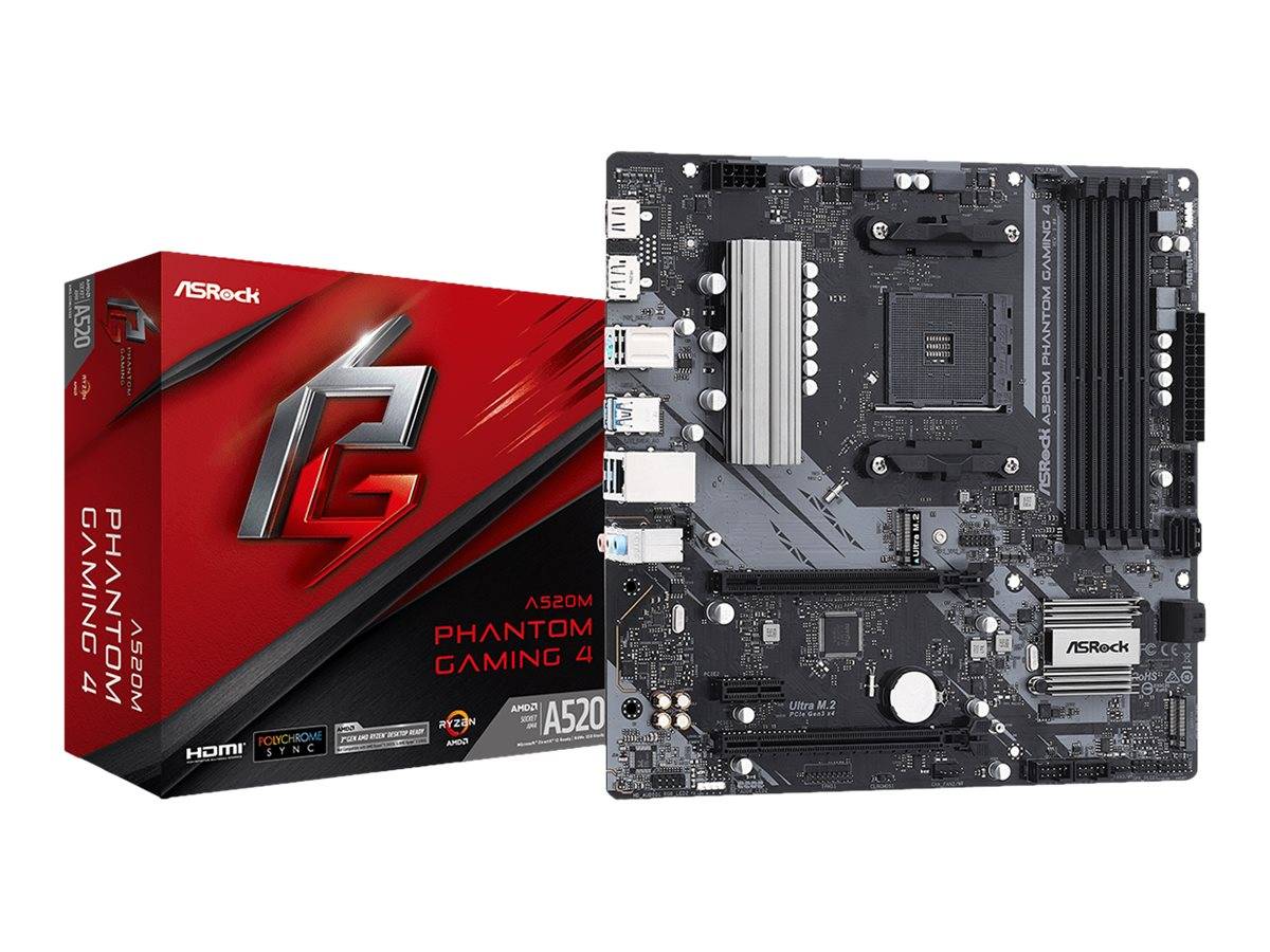 ASRock A520M Phantom Gaming 4 - Motherboard - micro ATX - Socket AM4 - AMD A520 Chipsatz - USB 3.2 Gen 1 - Gigabit LAN -
