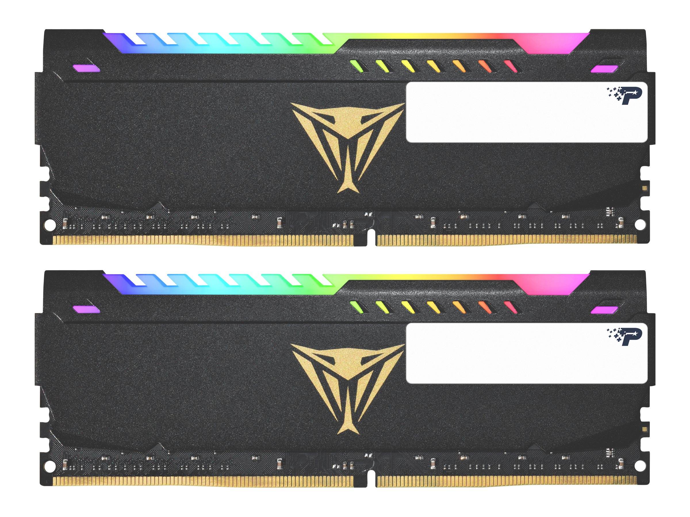 Zwei schwarze RGB-Desktop-RAM-Module mit regenbogenfarbenen Leuchtleisten und einem goldenen Emblem, nebeneinander auf weißem Hintergrund dargestellt.
