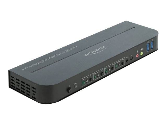 Schwarze Delock 4-Port KVM-Umschalterbox mit Steuertasten an der Vorderseite, Anzeigelichtern und zwei USB-Anschlüssen auf der rechten Seite.