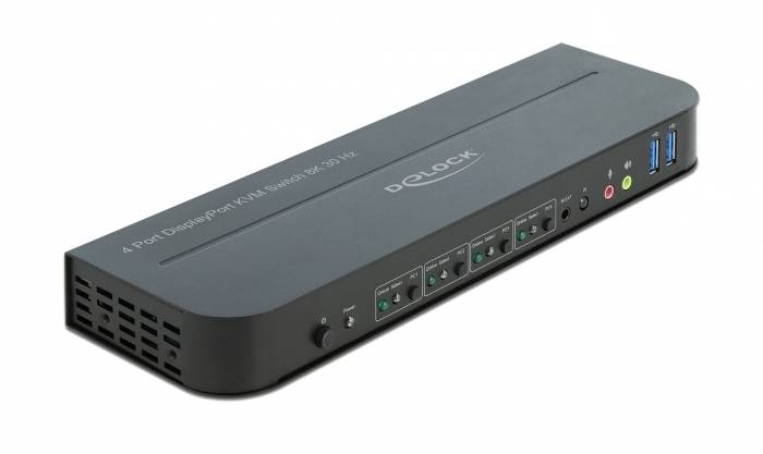 Black DockLock 4-Port DisplayPort KVM-Umschalter-Hub mit vorderen Steuertasten und USB-Anschlüssen, dargestellt in angewinkelter Produktansicht auf weißem Hintergrund