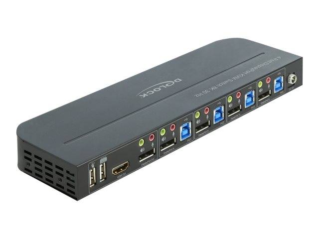 Schwarze All-in-One-Dockingstation mit mehreren USB-Anschlüssen, Audio-Buchsen, HDMI und Ethernet, dargestellt auf weißem Hintergrund.