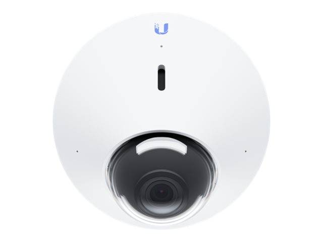 Weiße Ubiquiti-Sicherheitskamera mit zentraler Linse und kleinem Statusanzeiger, Vorderansicht auf einfachem Hintergrund dargestellt.