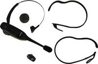 Schwarzes kabelloses Headset mit Boom-Mikrofon und Nackenbügel, dargestellt mit einem Ohrhörer und kleinem Zubehörteil auf weißem Hintergrund.