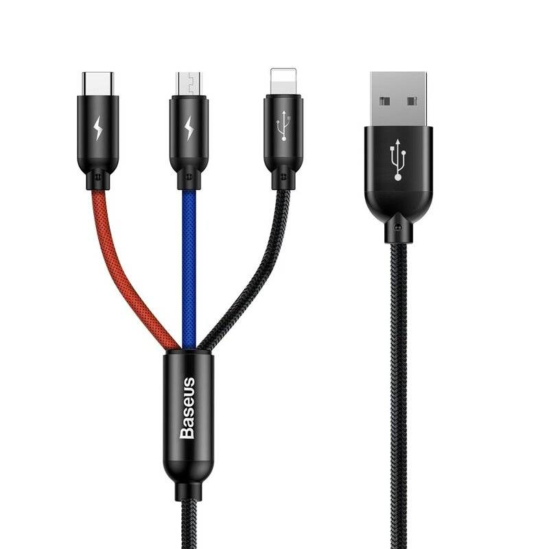 Baseus Three Primary Colors USB - micro USB / Lightning / USB-C Kabel Ladekabel mit Nylon geflochtenes 3.5A 1,2M schwarz