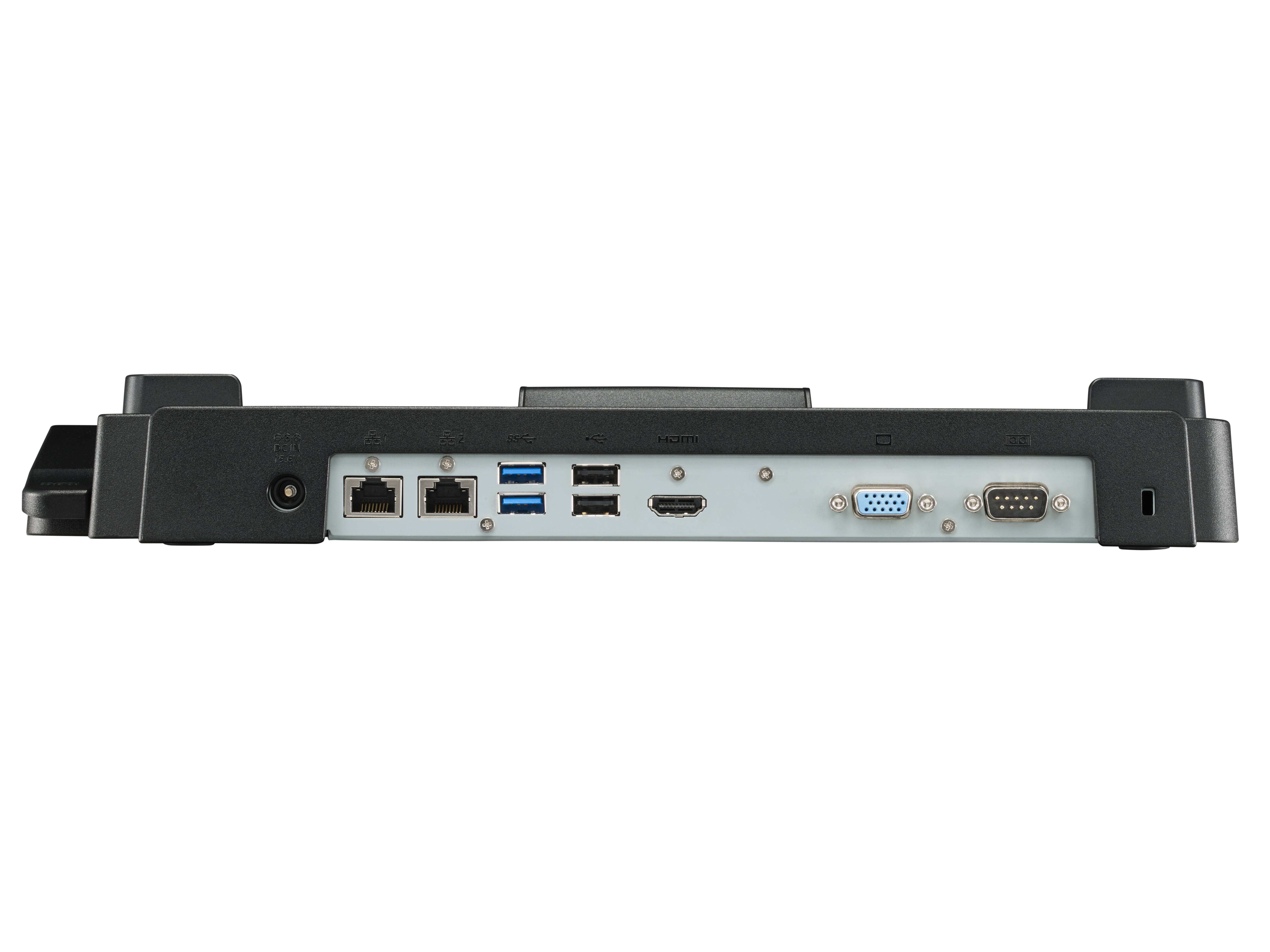 Rückansicht eines kompakten Computer-Docking-Stations mit Stromeingang, zwei Ethernet-Anschlüssen, USB- und HDMI-Anschlüssen, VGA und seriellen Verbindungen auf einem schwarzen Gehäuse.