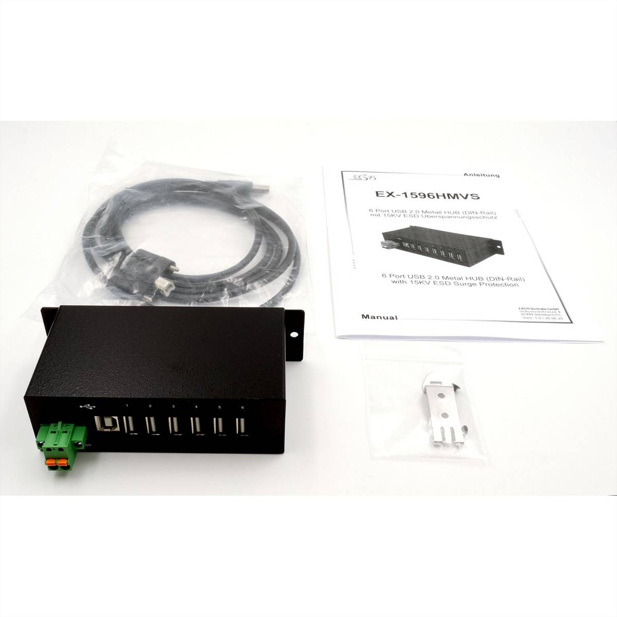 EXSYS EX-1596HMVS 6 Port USB 2.0 Metall HUB mit 15KV ESD Überspannungs-Schutz (Din-Rail)