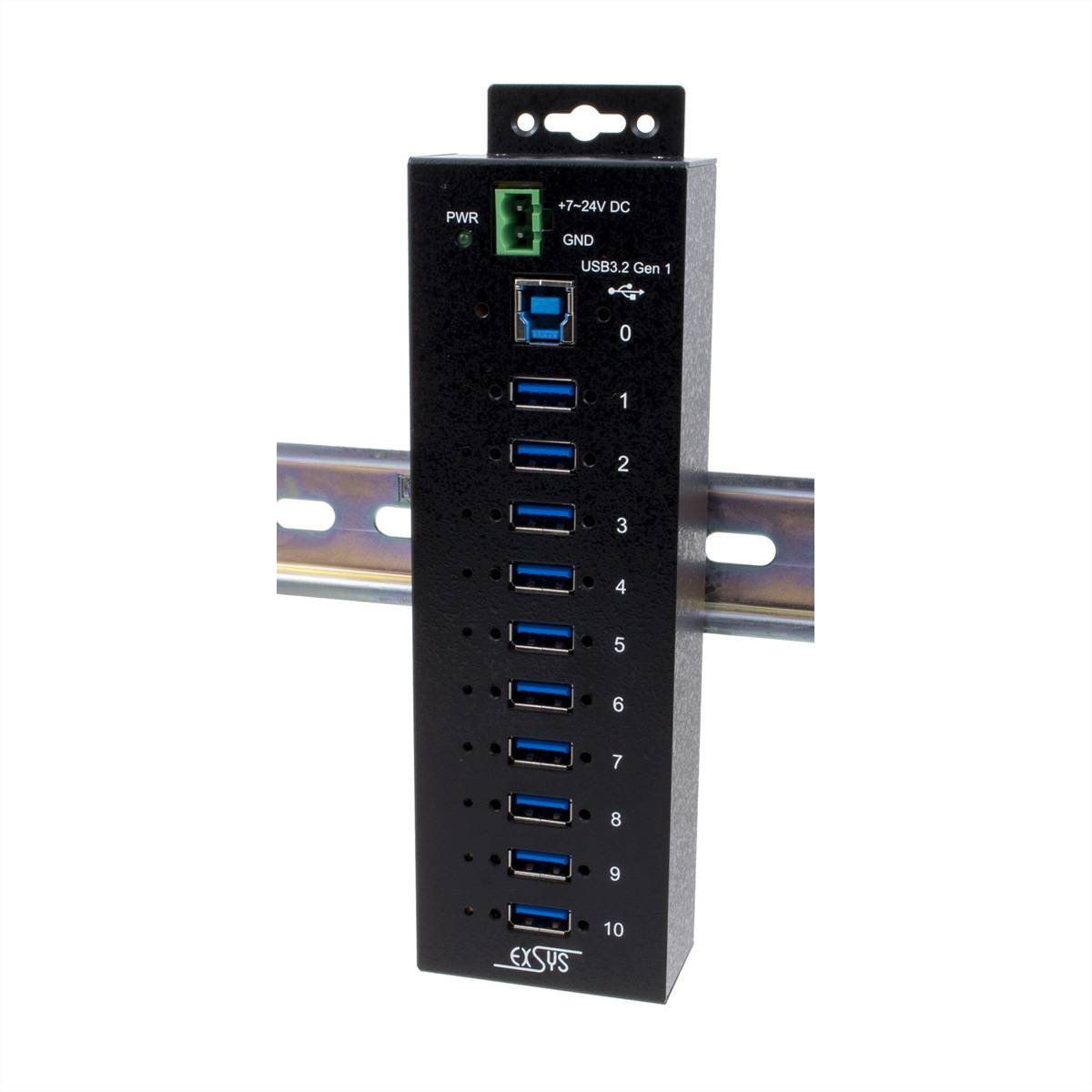 EXSYS EX-1510HMVS 10 Port USB 3.2 Gen1 Managed Metall HUB mit 15KV ESD Überspannungs-Schutz Din-Rail