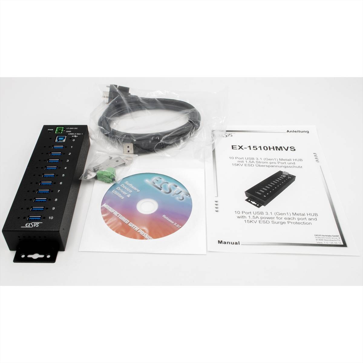 EXSYS EX-1510HMVS 10 Port USB 3.2 Gen1 Managed Metall HUB mit 15KV ESD Überspannungs-Schutz Din-Rail