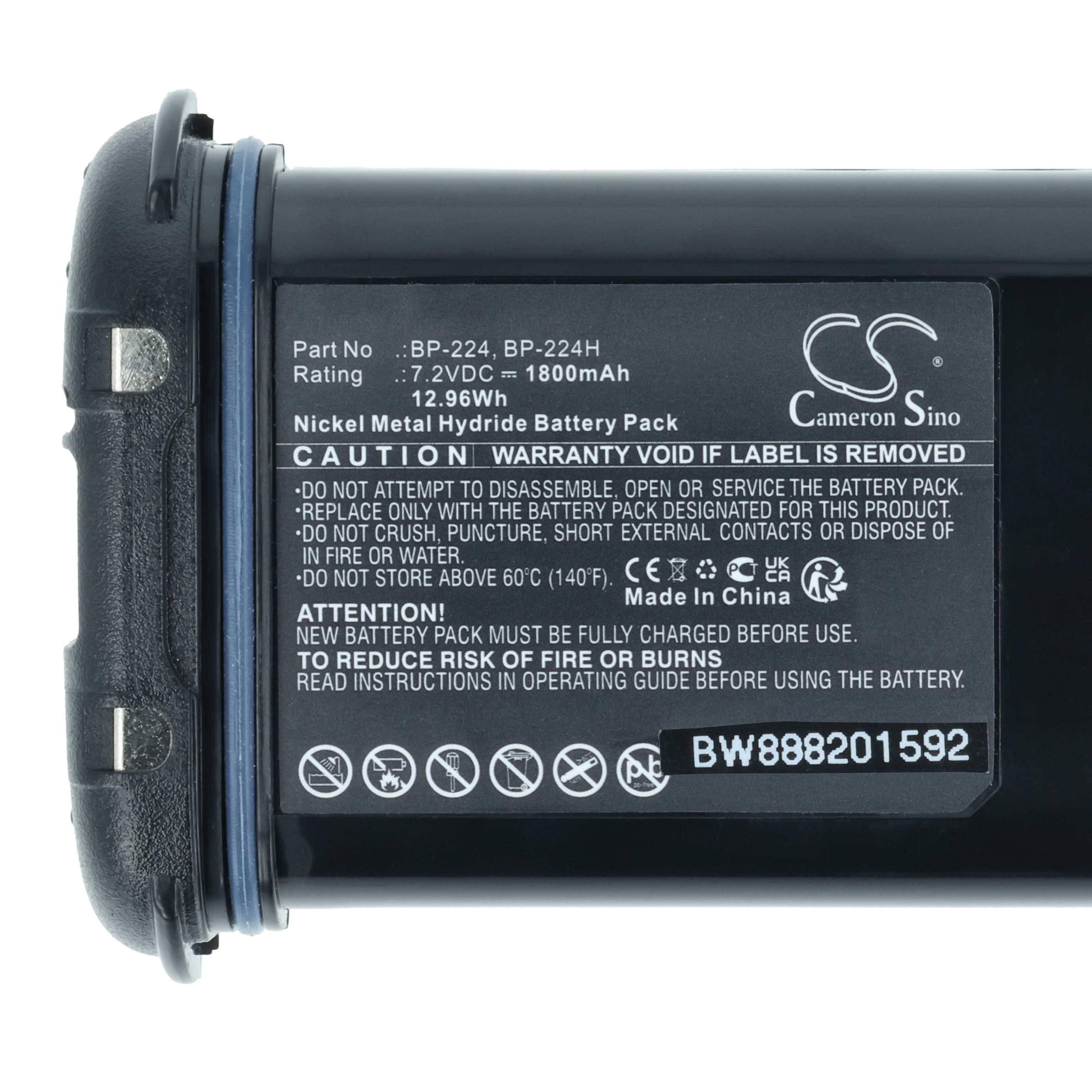 Wiederaufladbare Batterie mit gedruckten Spezifikationen: '7,2V, 1800mAh, 12,96Wh'. Enthält Sicherheitswarnungen und 'Made in China'.