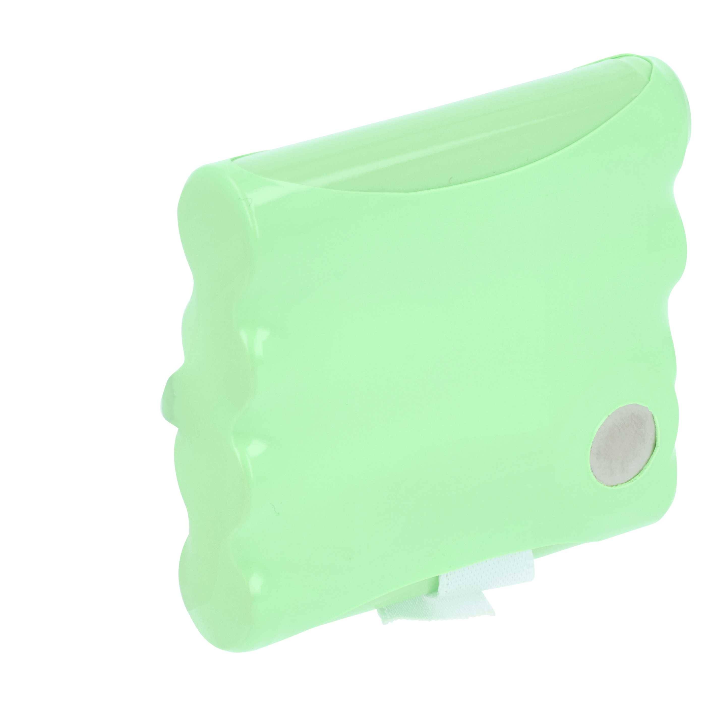 Ein hellgrünes, handgehaltenes Plastikgerät mit einer geschwungenen Form und einem kleinen, runden Metallknopf an der Seite.