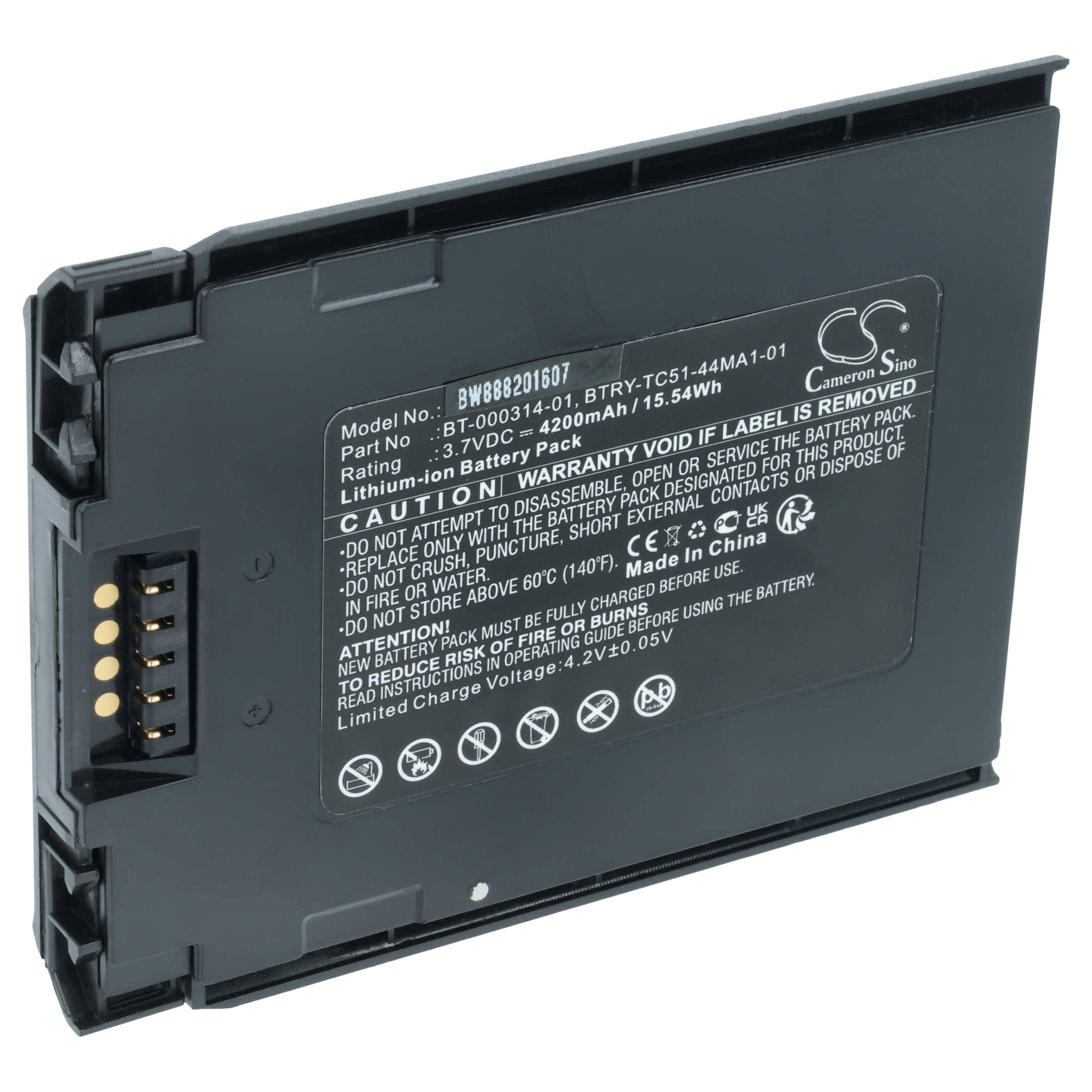 Schwarze wiederaufladbare Lithium-Ionen-Batterie mit beschrifteter Warntext und Steckkontakten an der Seite, auf weißem Hintergrund dargestellt.