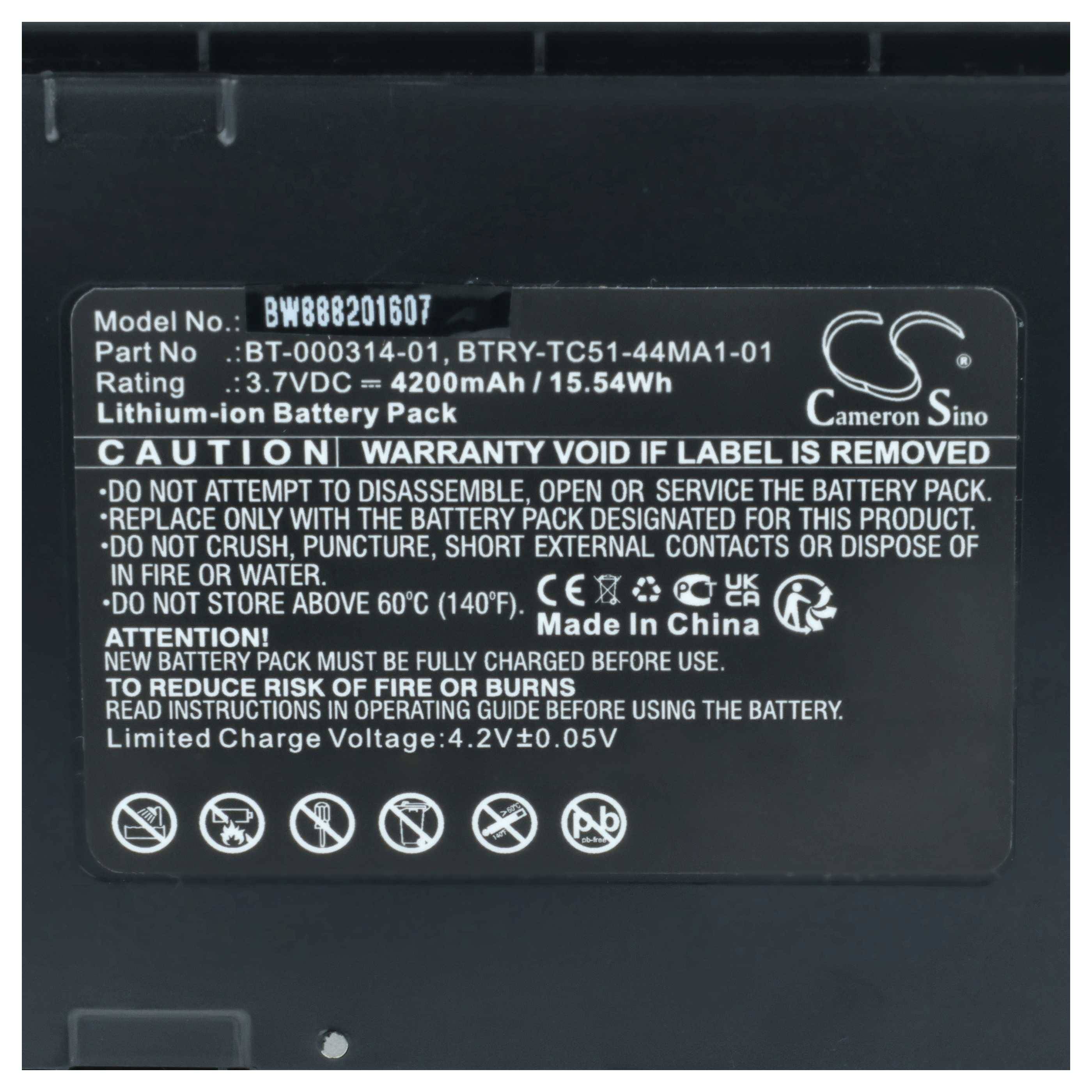 Etikett auf einem Cameron Sino Lithium-Ionen-Akku mit Modell BW888201607, 3,7V 4200mAh/15,54Wh, mit Sicherheitswarnungen und Made in China Text.