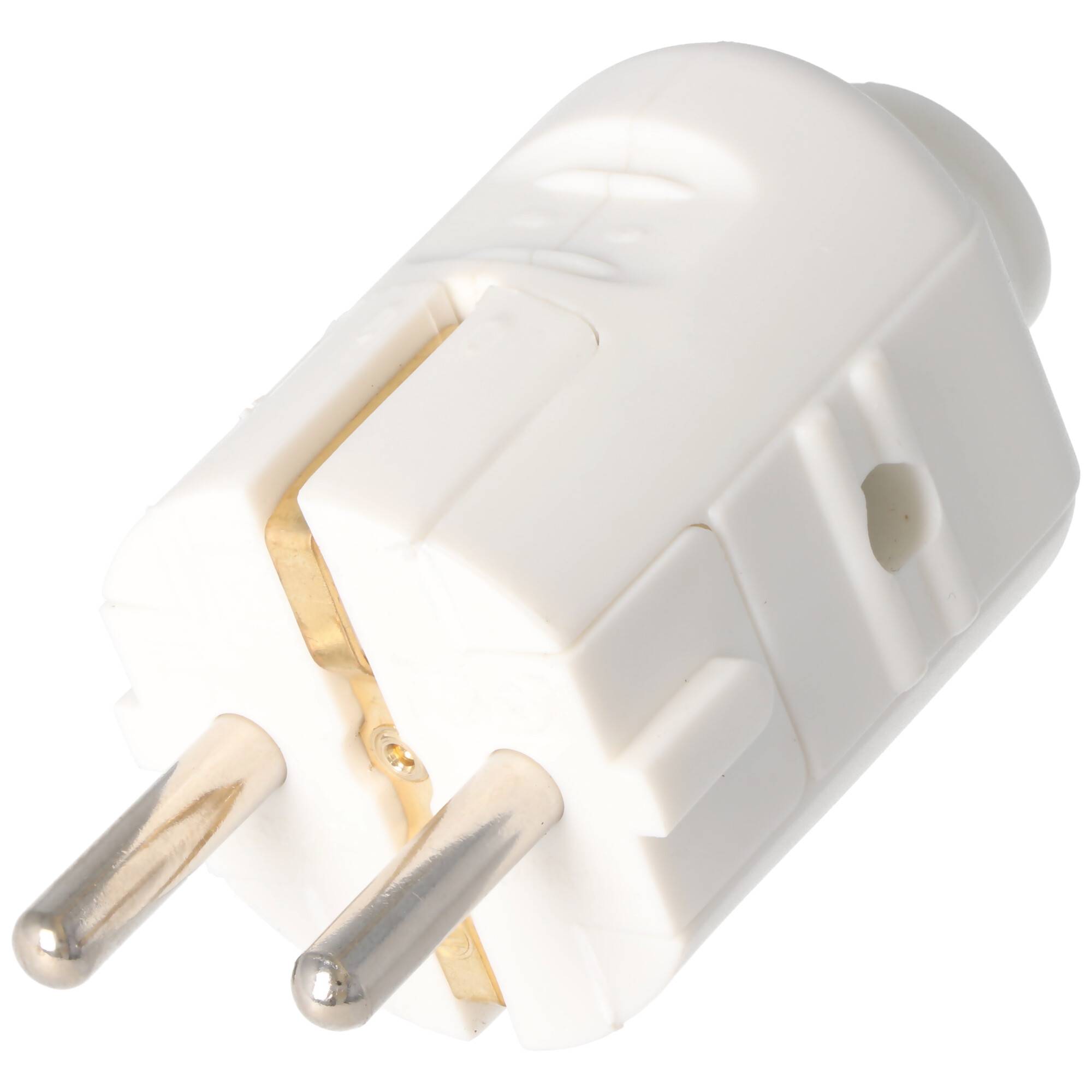 Ein weißer zweipoliger Elektrostecker mit abgerundeter Form und metallischen Stiften.