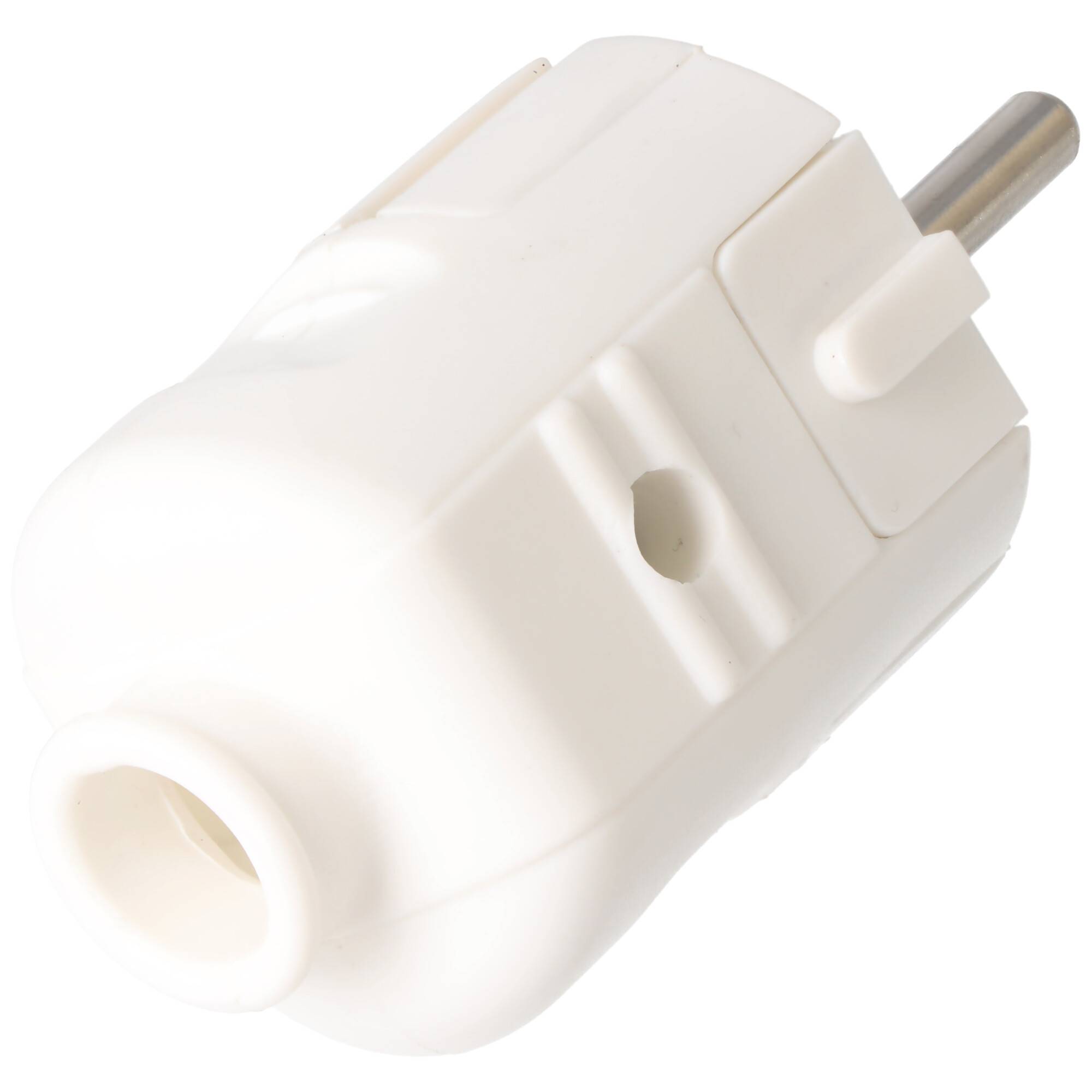 Ein weißer Elektroadapter mit zylindrischer Form und einem runden Steckerstift auf einer Seite, konzipiert zum Verbinden von Geräten mit Stromquellen.