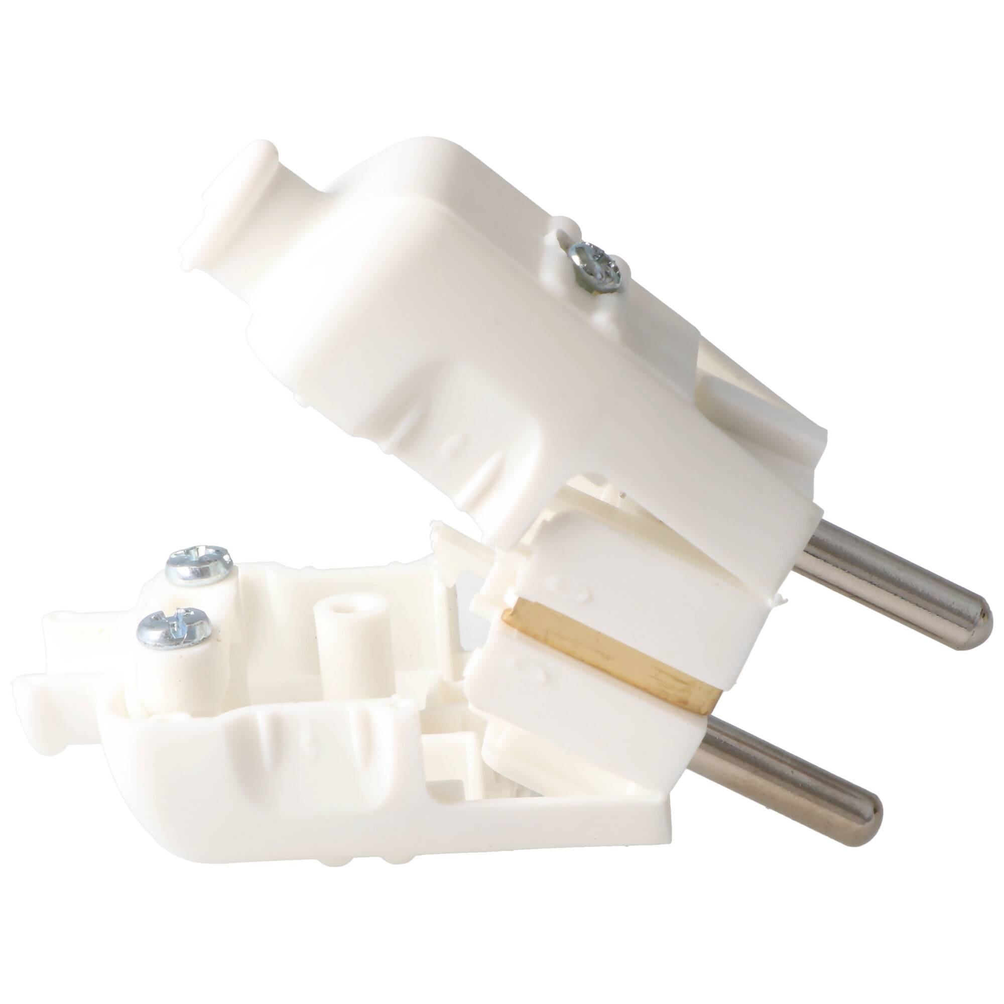 Ein weißer Kunststoff-Stromstecker mit freigelegten Metallkontakten und Schrauben, geöffnet, um seine innere Struktur und Komponenten zu zeigen.