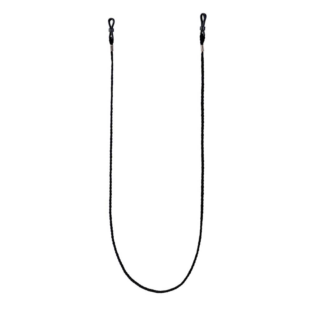 Eine schwarze Brillenkette mit Verschlüssen an beiden Enden, die entwickelt wurde, um Brillen sicher um den Hals zu halten.