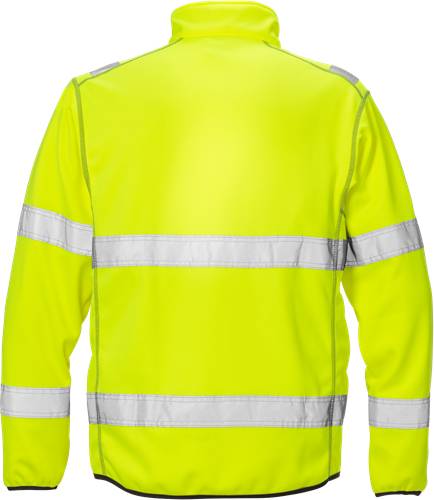 Gelbe Warnschutzjacke mit reflektierenden silbernen Streifen, von hinten gesehen.