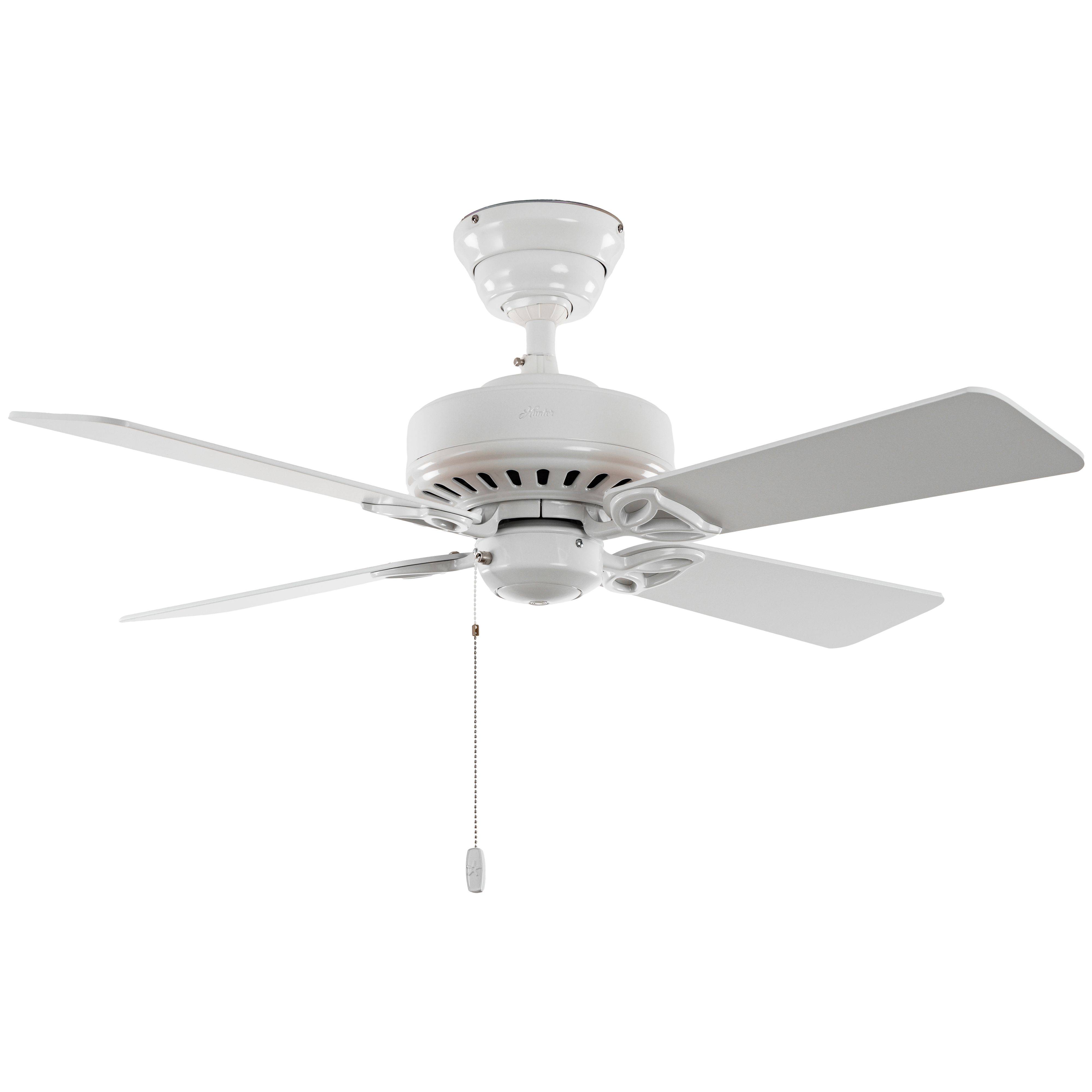 Ein weißer Deckenventilator mit vier Blättern und einer Zugkette hängt von der Decke herab.
