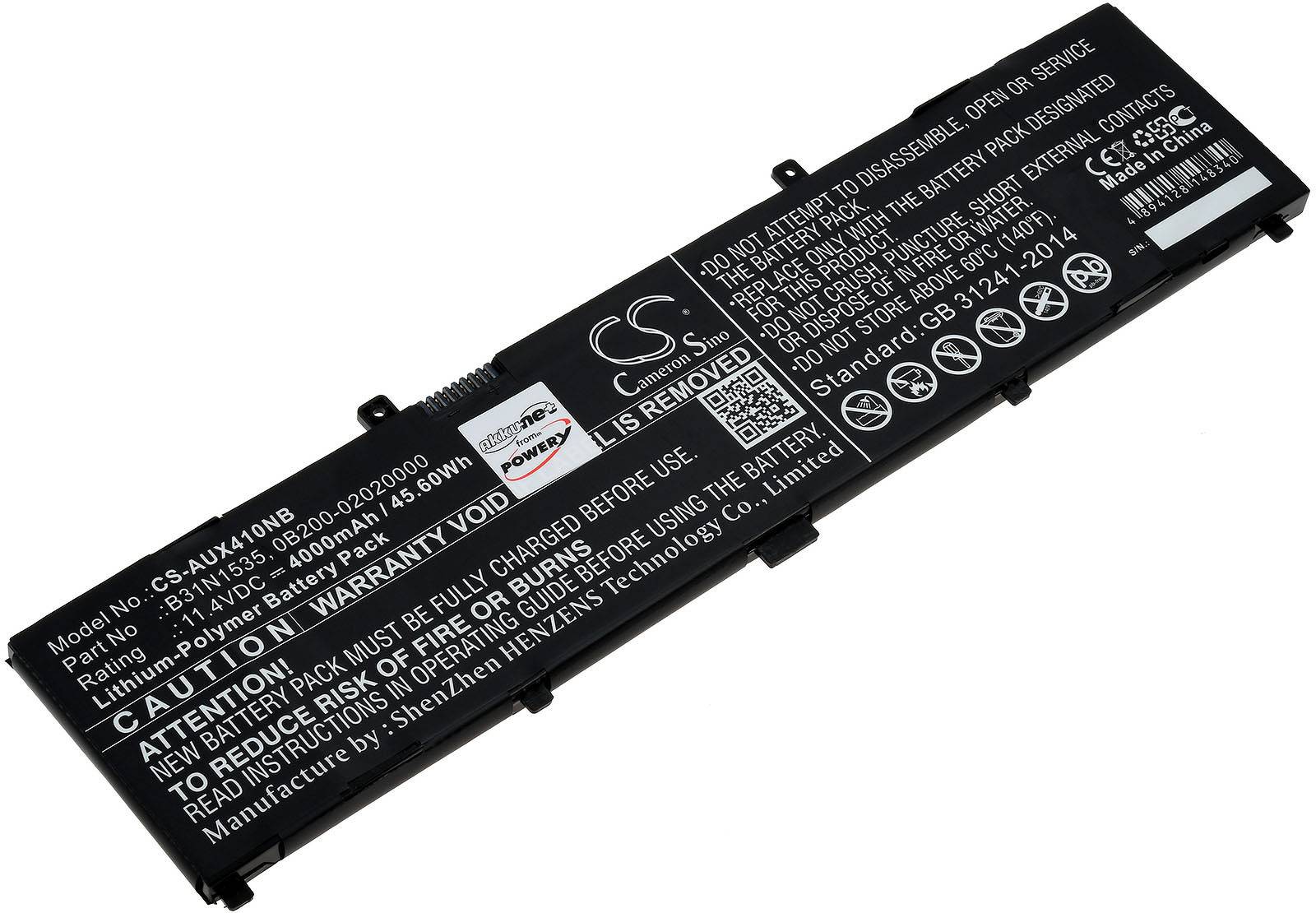 Powery Akku für Laptop Asus UX3410UA, 11,4V, Li-Polymer