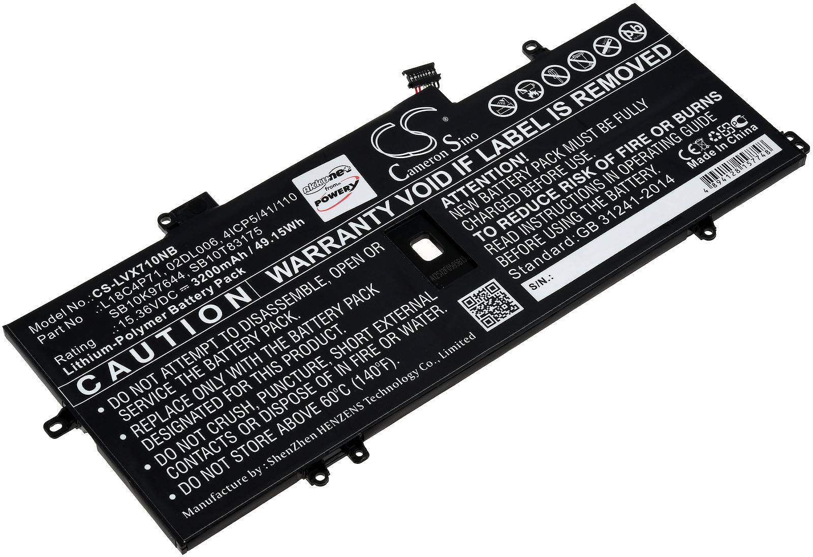 Powery Akku für Laptop Lenovo ThinkPad X1 Carbon 2019, 7. Generation, 15,36V, Li-Polymer