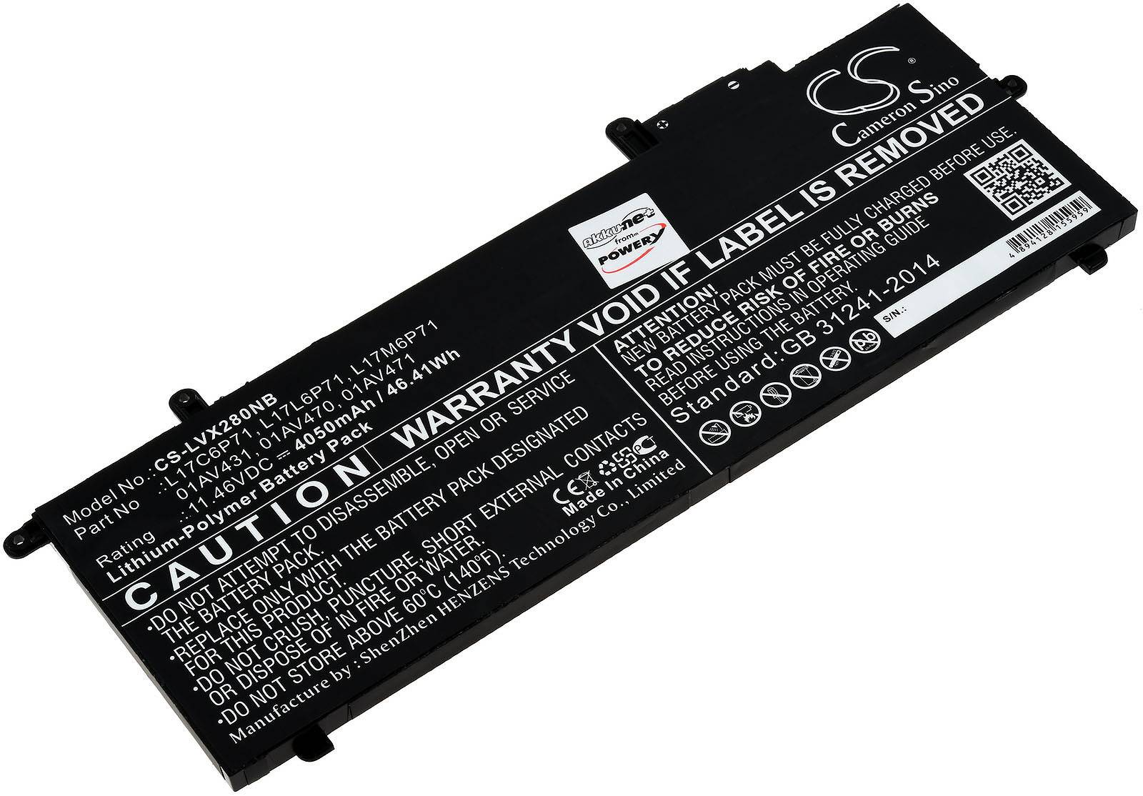 Powery Akku für Laptop Lenovo ThinkPad X280(20KFA009CD), 11,46V, Li-Polymer