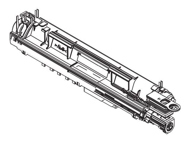 Schwarz-Weiß-Technische Illustration einer langen mechanischen Baugruppe oder eines Schienensystems mit Halterungen, Verdrahtung und einem zylindrischen Bauteil an einem Ende.