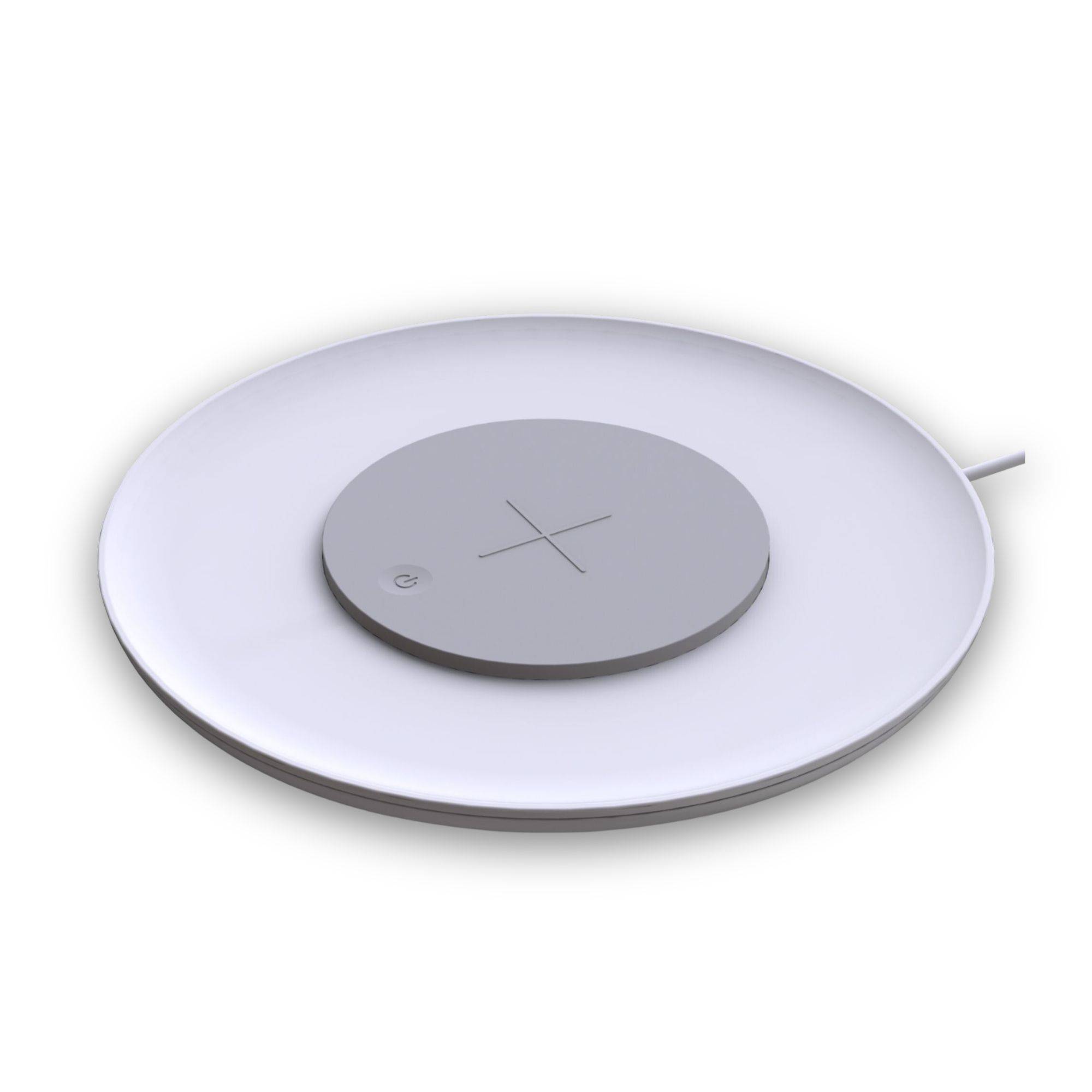 kalb | QI-Tischladegerät UFO, Drahtloses Laden, Dimmbare Ambientebeleuchtung, 183x183x23mm, Weiß - Qi-zertifiziert