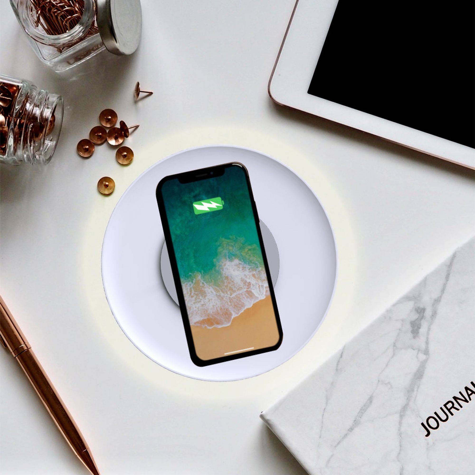 kalb | QI-Tischladegerät UFO, Drahtloses Laden, Dimmbare Ambientebeleuchtung, 183x183x23mm, Weiß - Qi-zertifiziert