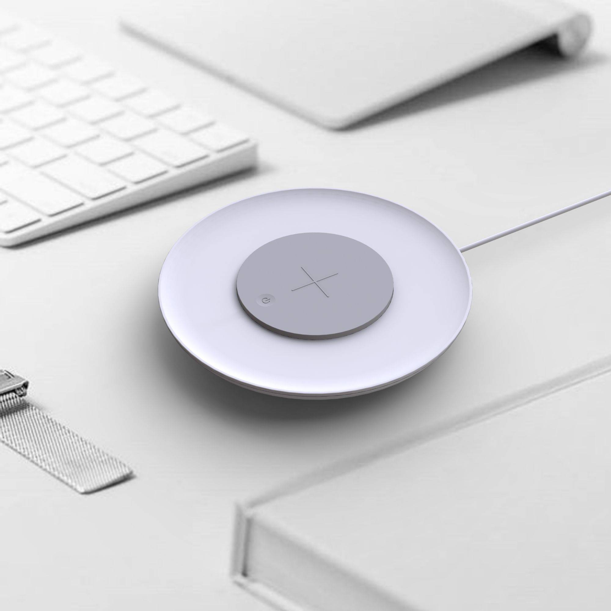 kalb | QI-Tischladegerät UFO, Drahtloses Laden, Dimmbare Ambientebeleuchtung, 183x183x23mm, Weiß - Qi-zertifiziert