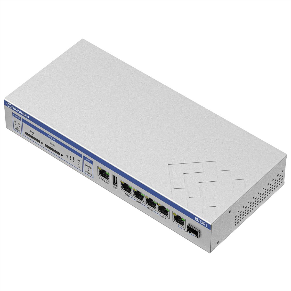 Weißes Netzwerkgerät/Router mit mehreren Ethernet-Anschlüssen und Status-LEDs auf der Frontplatte, gezeigt vor einem neutralen Hintergrund.