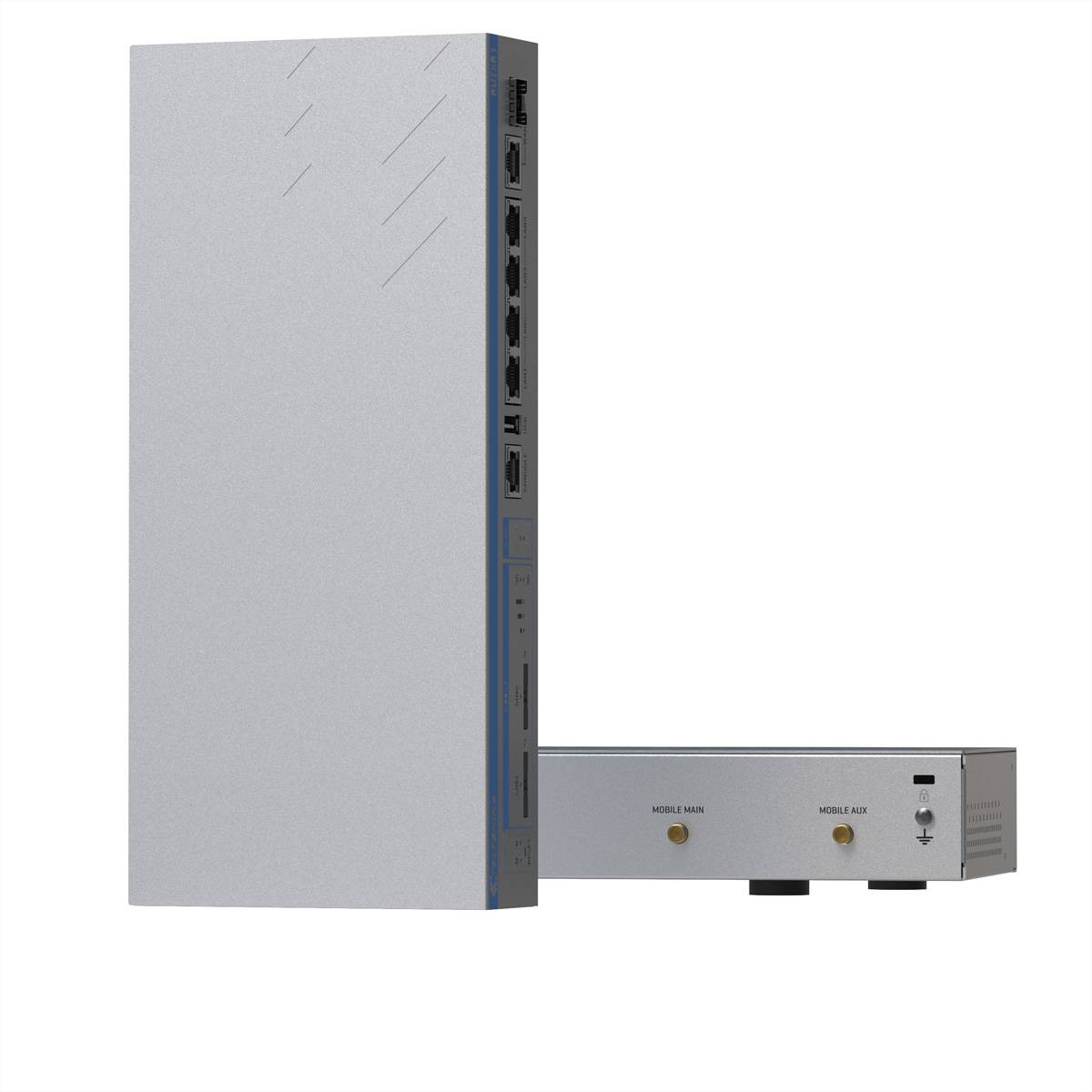 Silbernes elektronisches Gerät mit einer hohen Haupteinheit und einer kleineren horizontalen Basis, auf der Anschlüsse und gekennzeichnete Bedienelemente auf weißem Hintergrund angezeigt werden.