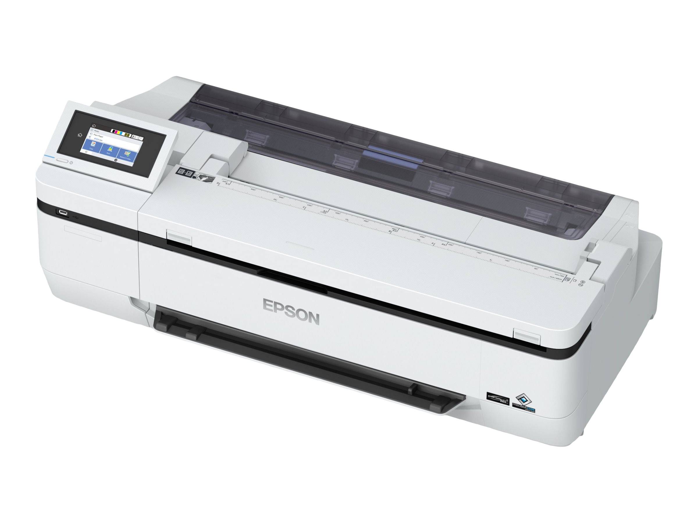 Großformatiger weißer Epson-Drucker mit Touchscreen-Bedienfeld und Papierabdeckung, gezeigt vor weißem Hintergrund.