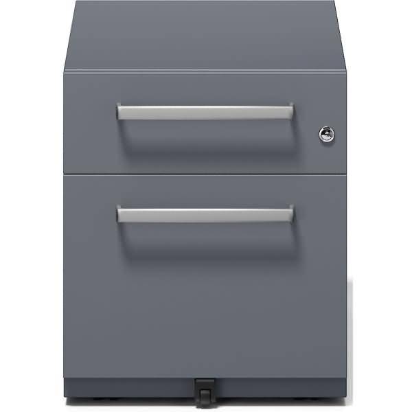 Grauer Metall-Aktenschrank mit zwei Schubladen, horizontalen Griffen und Schloss auf der oberen Schublade.