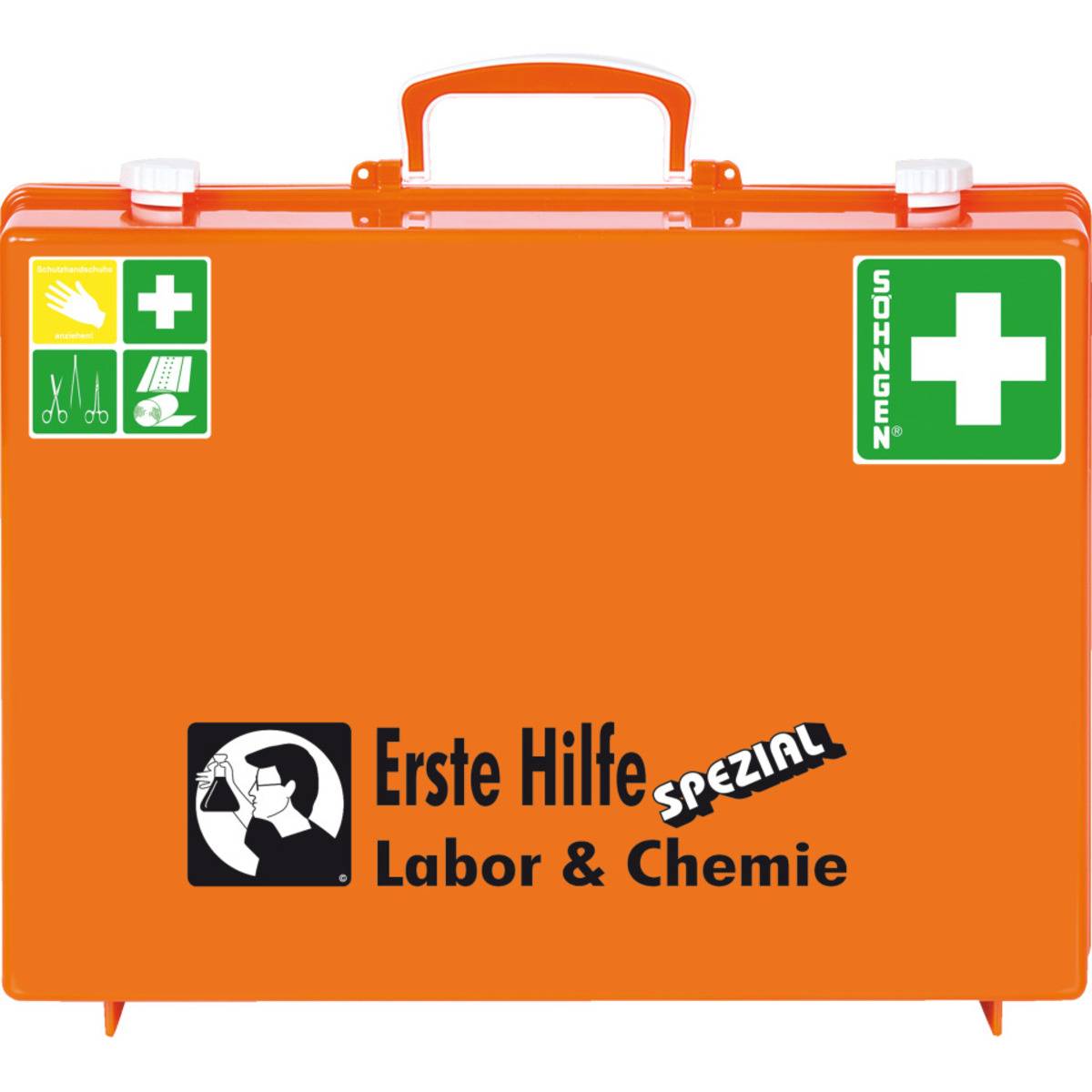SÖHNGEN® Erste-Hilfe-Koffer Labor und Chemie, gemäß DIN 13157:2021, orange, Wandhalterung