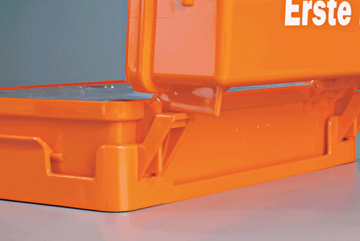 SÖHNGEN® Erste-Hilfe-Koffer Labor und Chemie, gemäß DIN 13157:2021, orange, Wandhalterung
