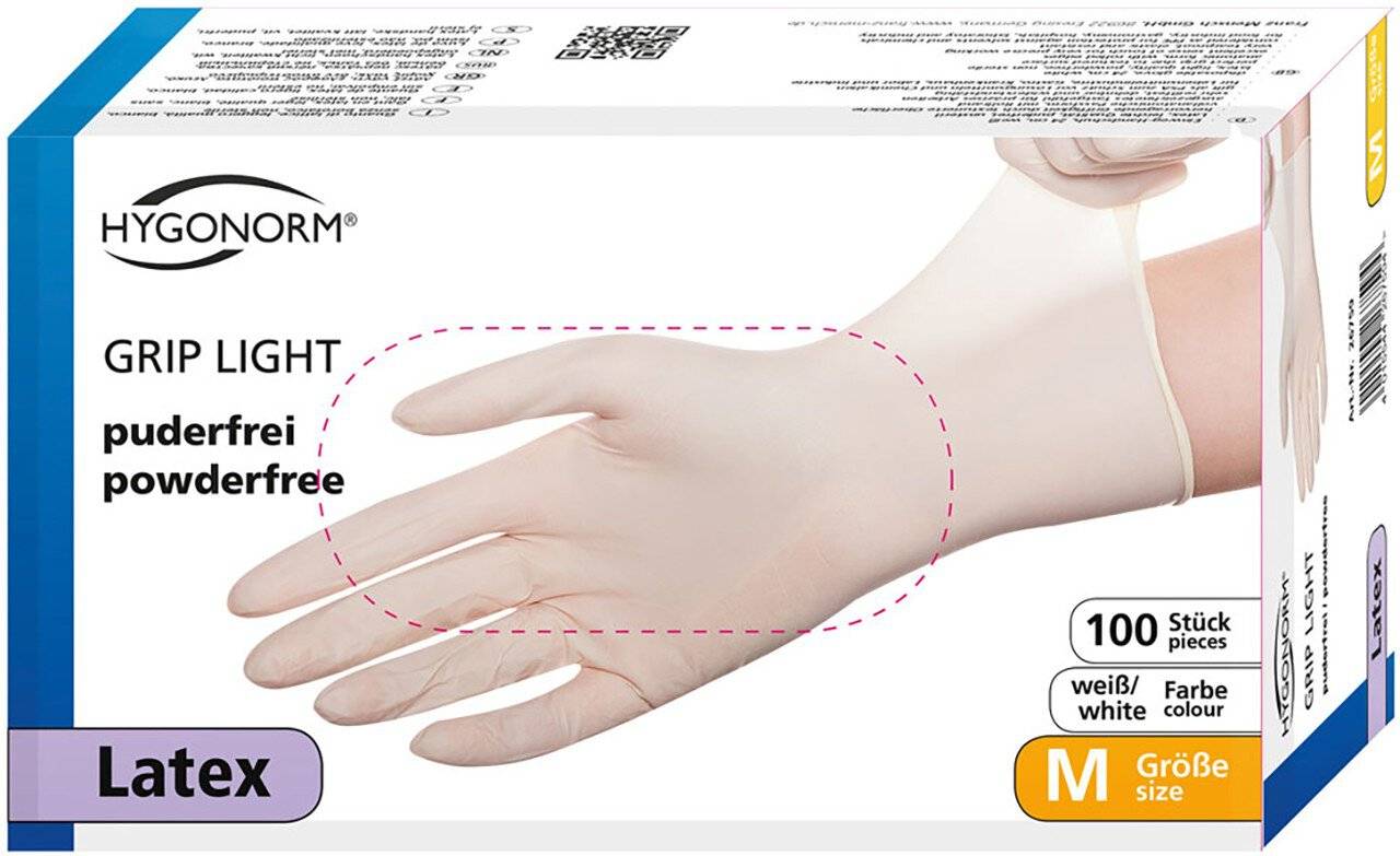 Schachtel Hygonorm GRIP LIGHT Latexhandschuhe, puderfrei, Größe M, 100 Stück, weiß; auf der Verpackung sind eine behandschuhte Hand und ein gepunkteter Griffbereich abgebildet.