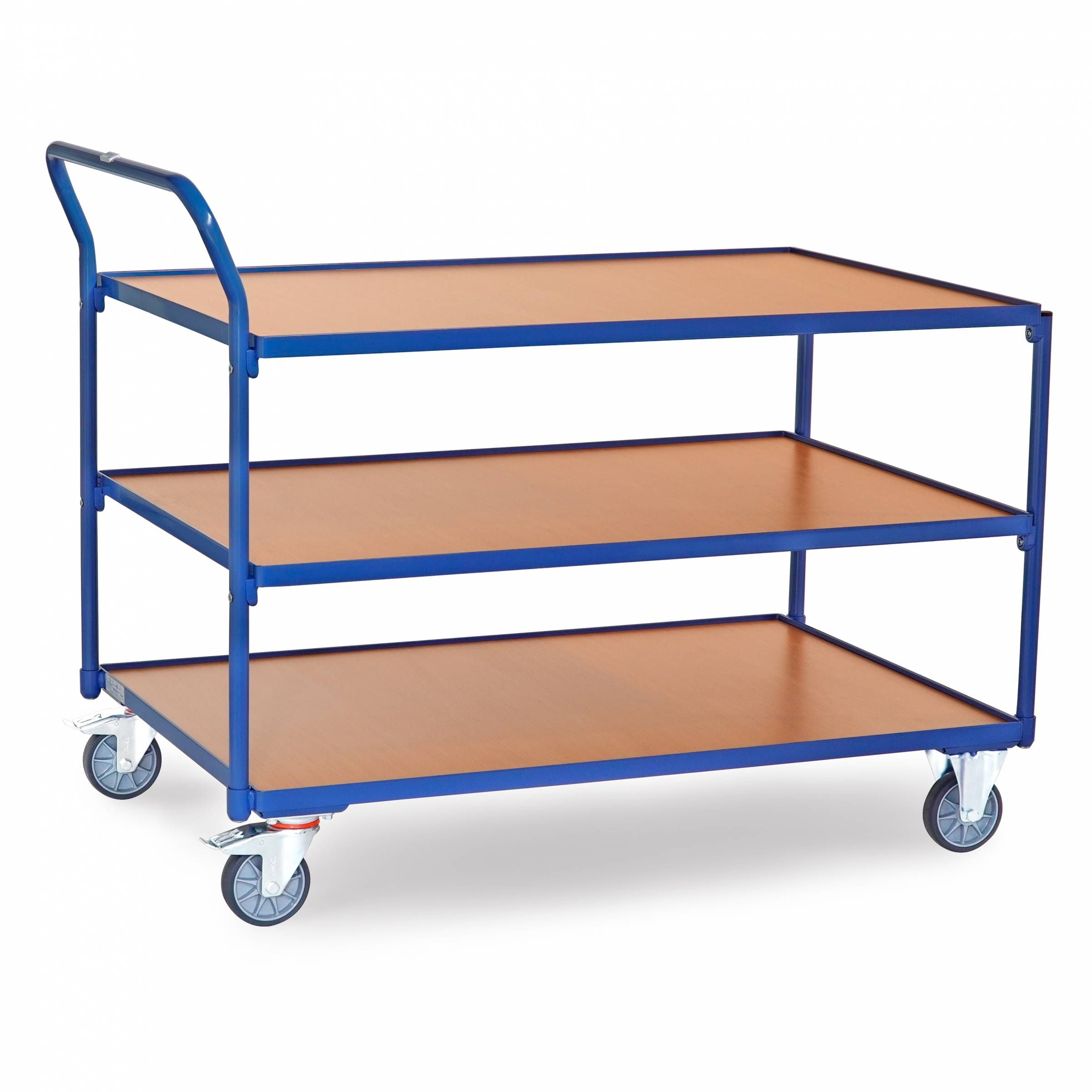 Fetra Tischwagen mit Holzwerkstoffplatten 3 Etagen mit hochstehendem Schiebegriff 1200x800mm Ladefläche