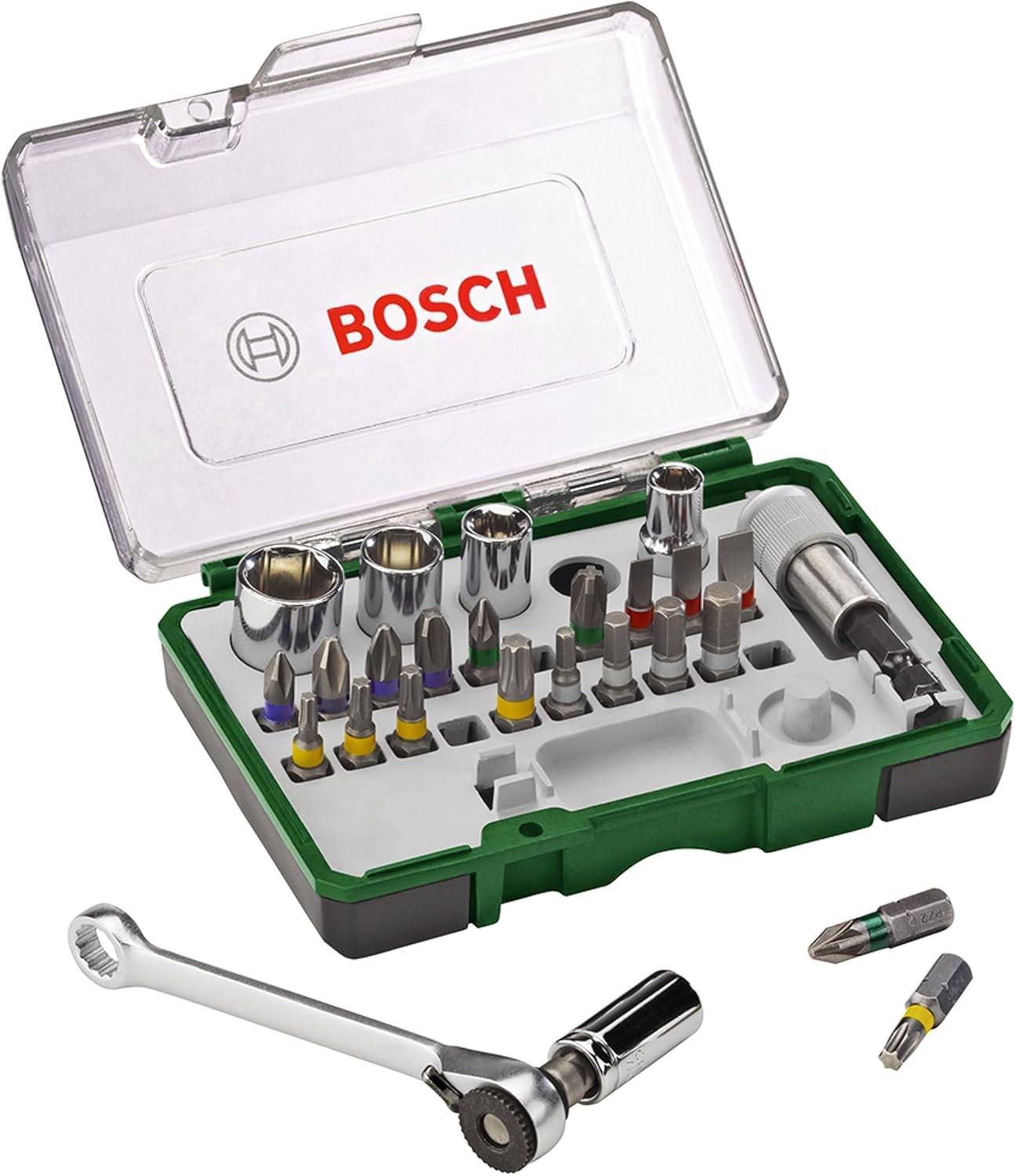 Bosch-Werkzeugaufsatz- und Steckschlüsselsatz in einem grünen Koffer mit transparentem Deckel, der eine Ratsche, Steckschlüssel, Schraubendreherbits und Verlängerungen zeigt.