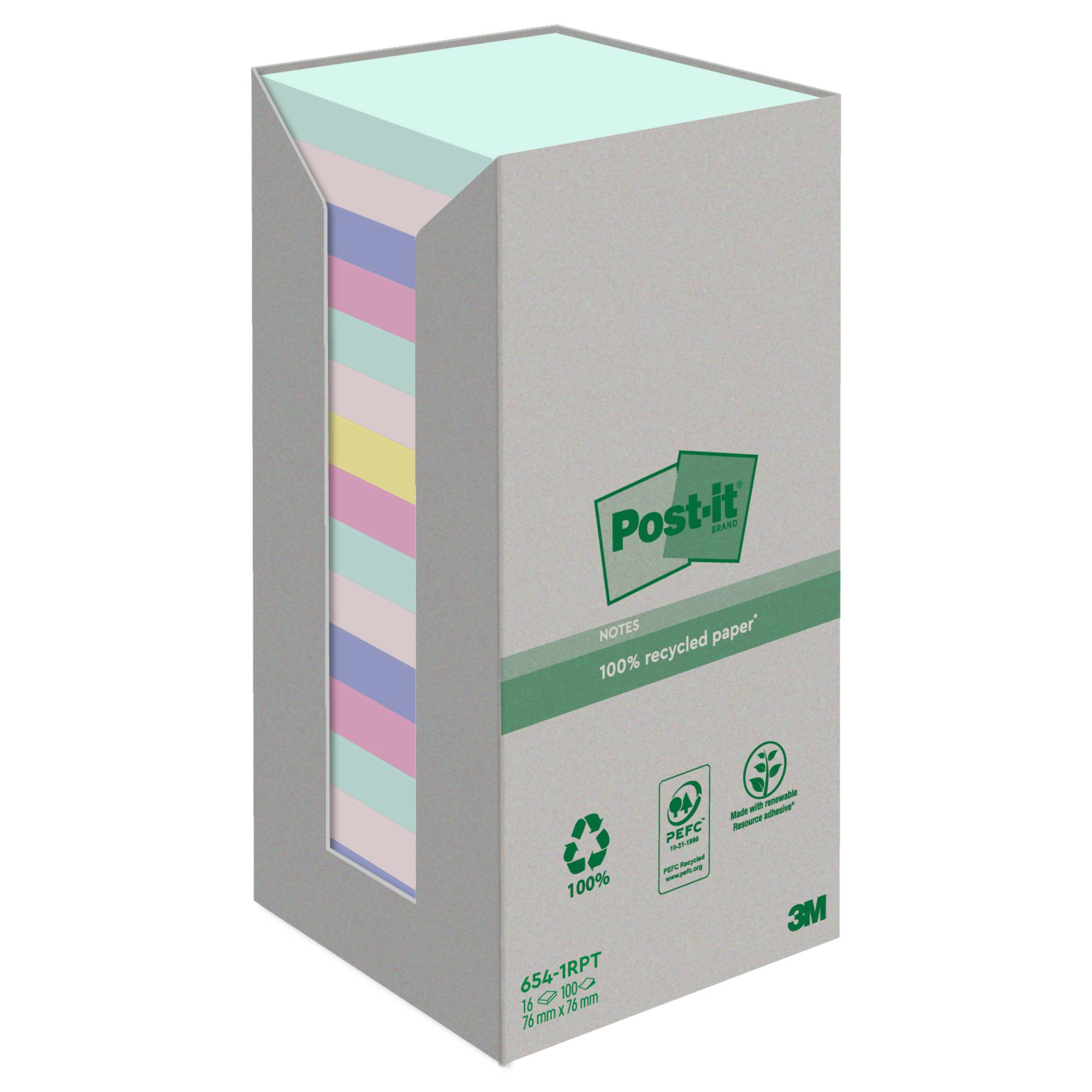 Post-it Haftnotiz Recycling 654-1RPT 76x76mm sort 16x100Bl